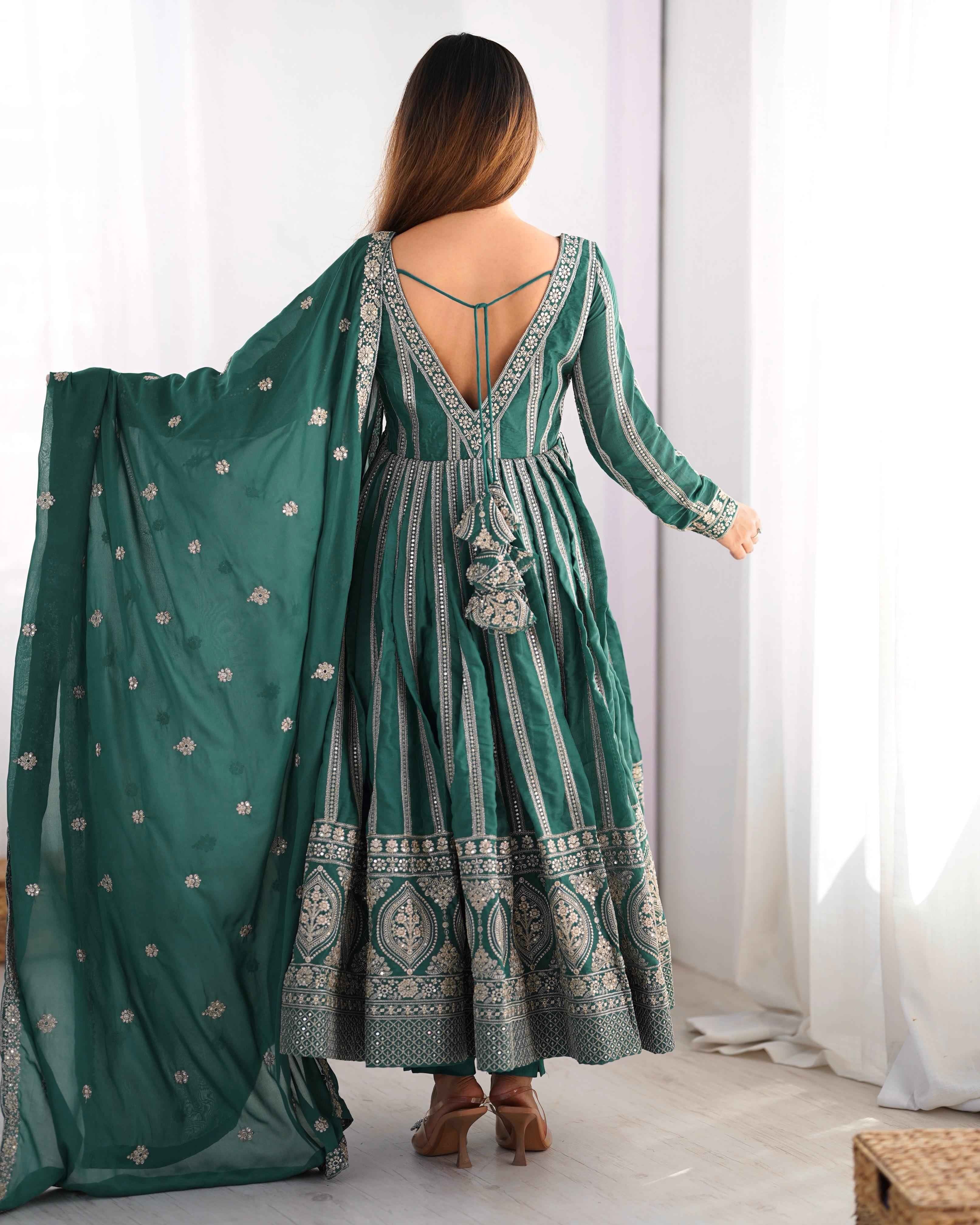 Wedding Wear Green Color Star Georgette Gown For Girls
