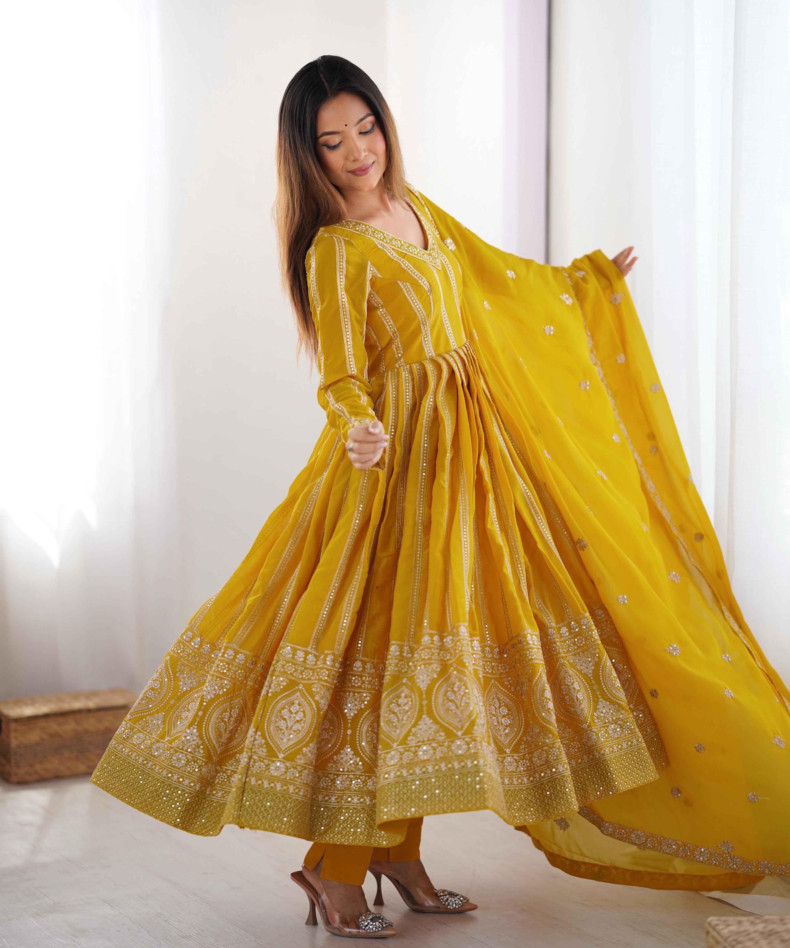 Party Wear Yellow Color Star Georgette Gown For Girls