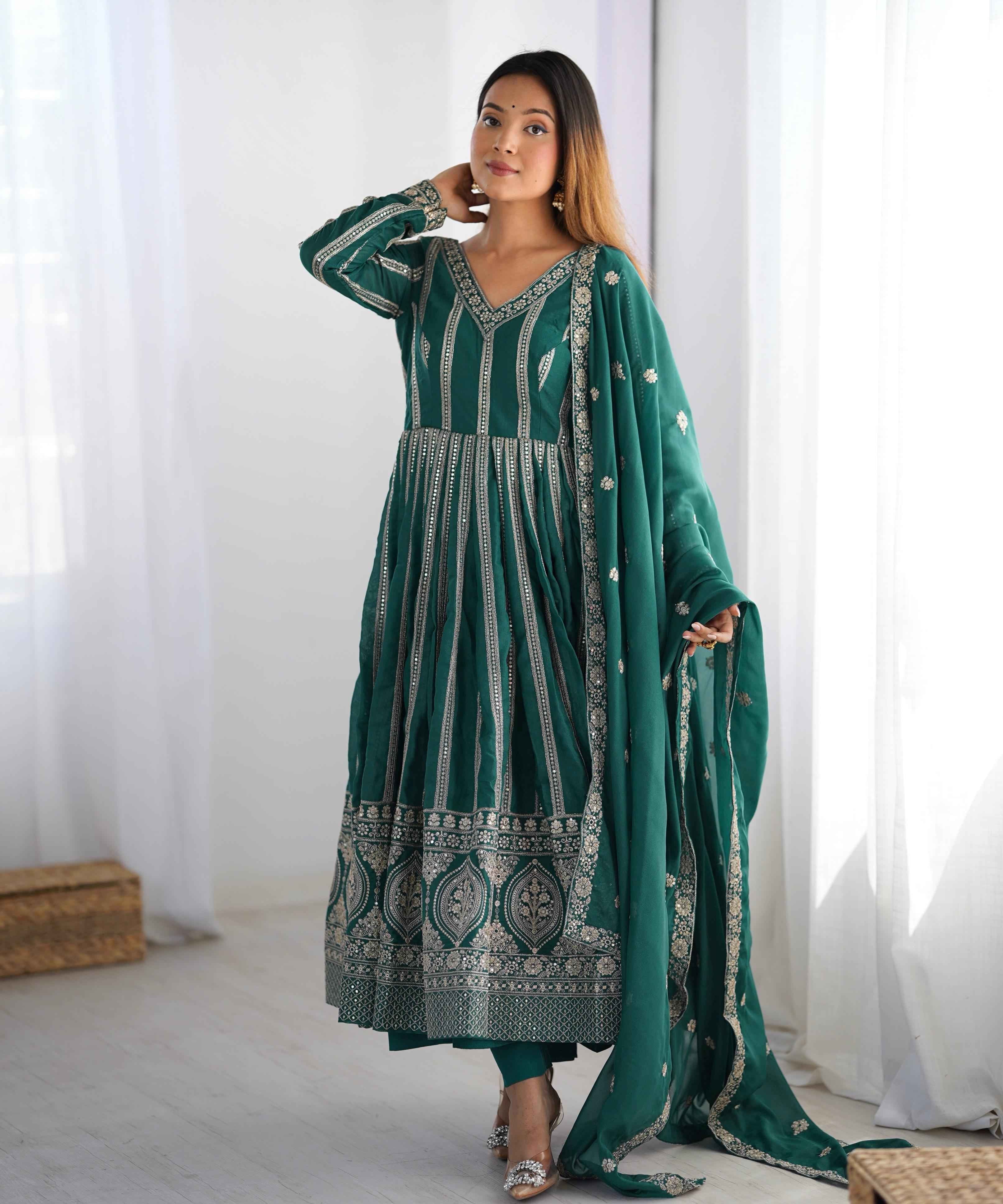 Wedding Wear Green Color Star Georgette Gown For Girls