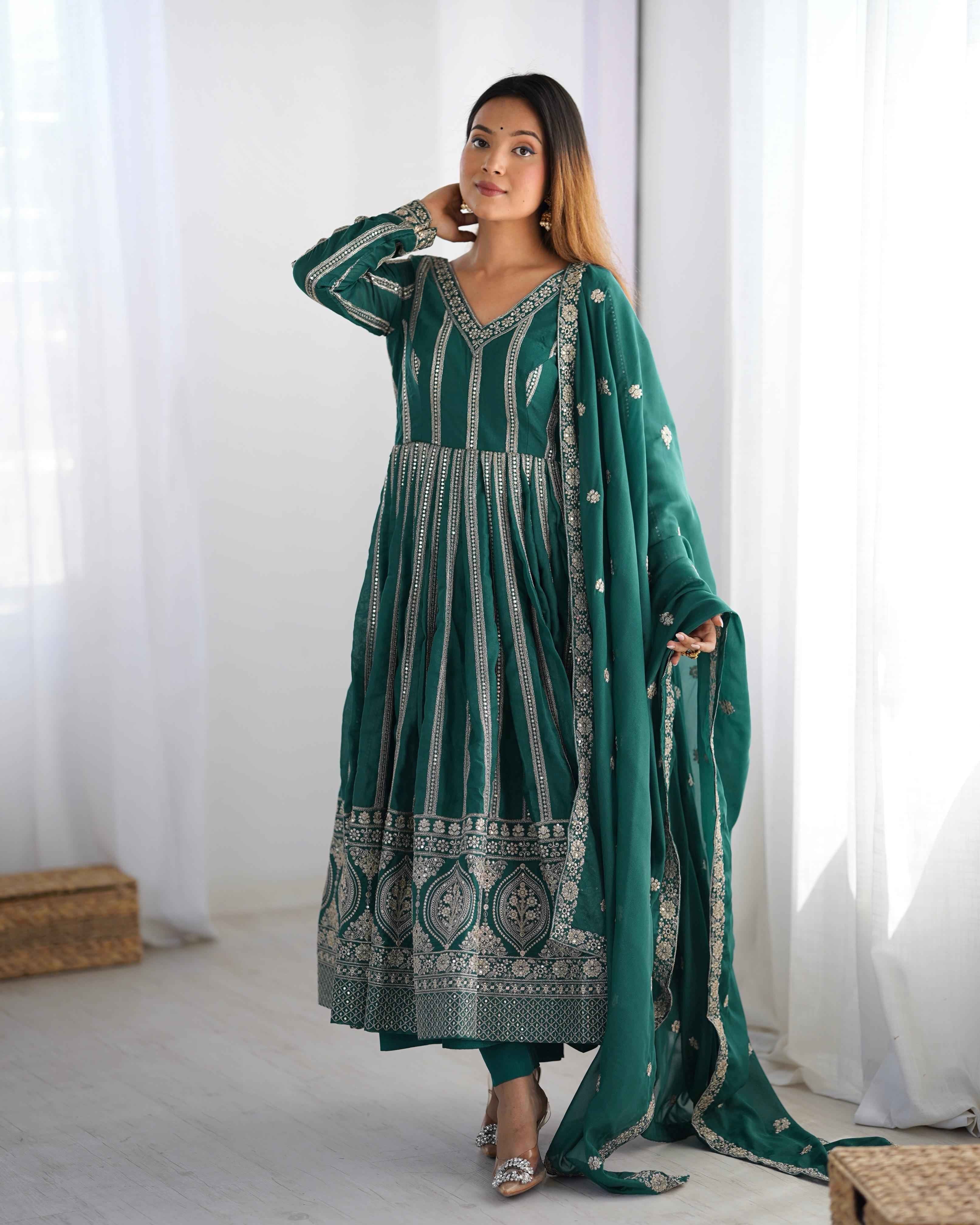 Wedding Wear Green Color Star Georgette Gown For Girls
