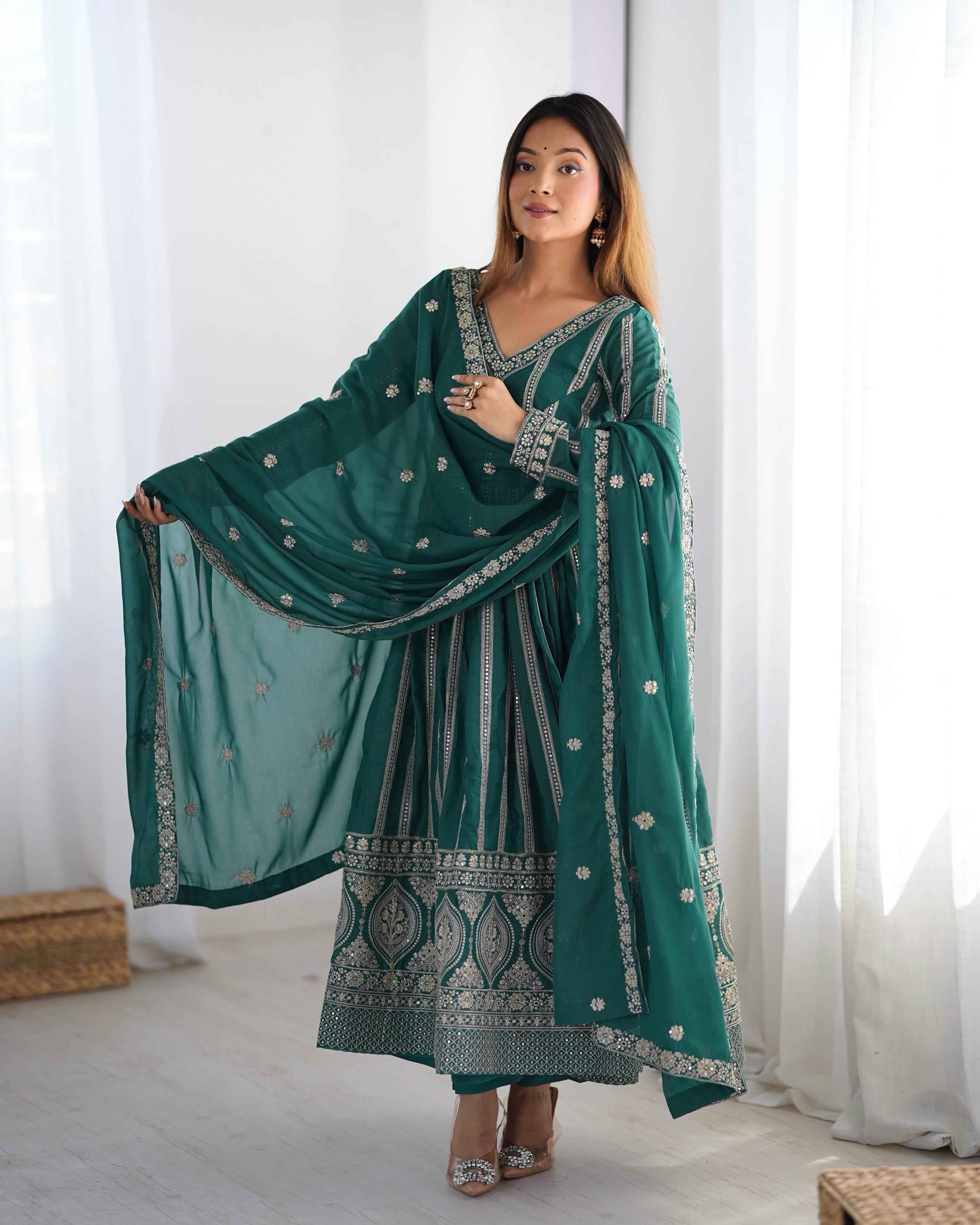 Wedding Wear Green Color Star Georgette Gown For Girls