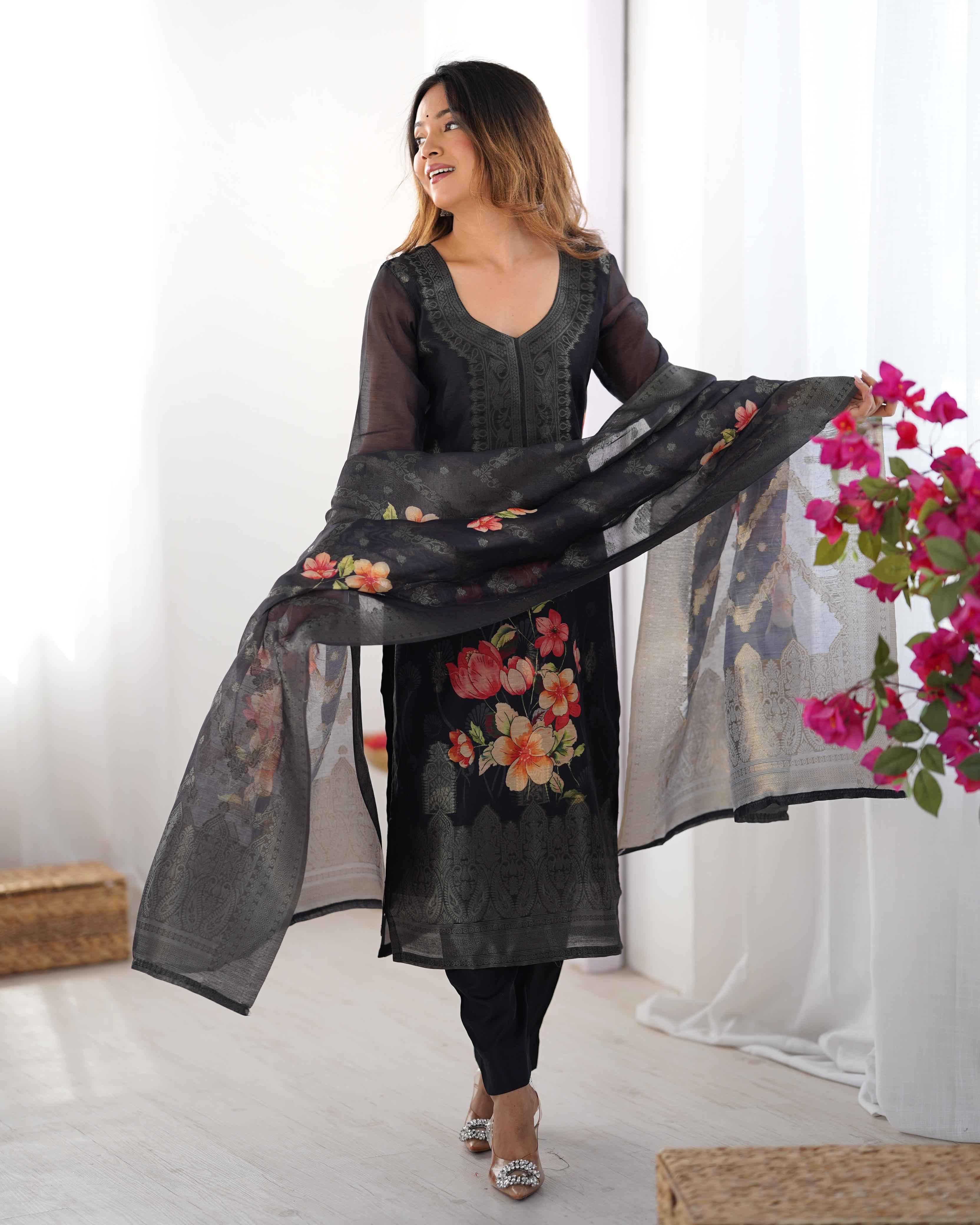 Wedding Wear Black Color Chanderi Silk Kurti For Girls