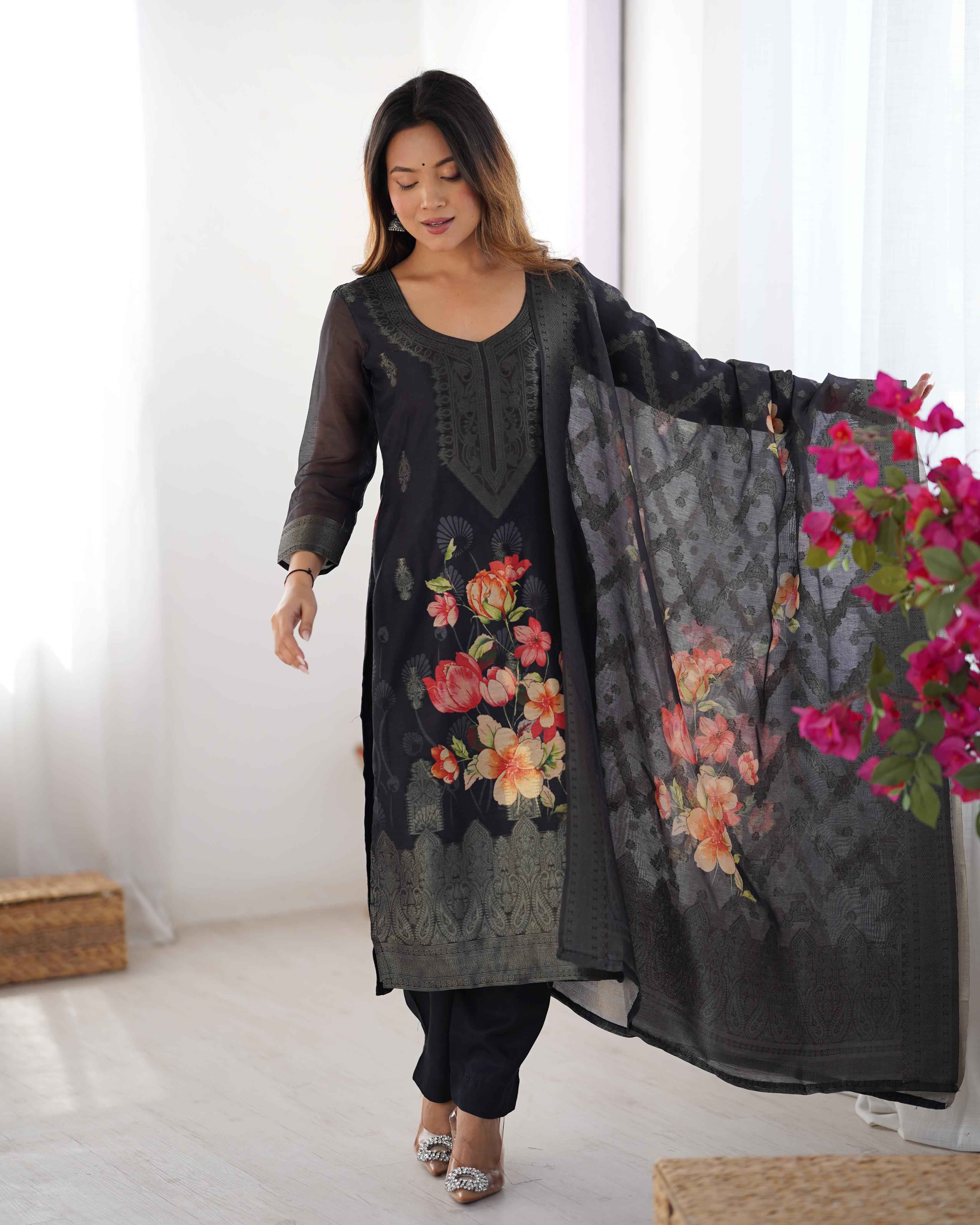 Wedding Wear Black Color Chanderi Silk Kurti For Girls
