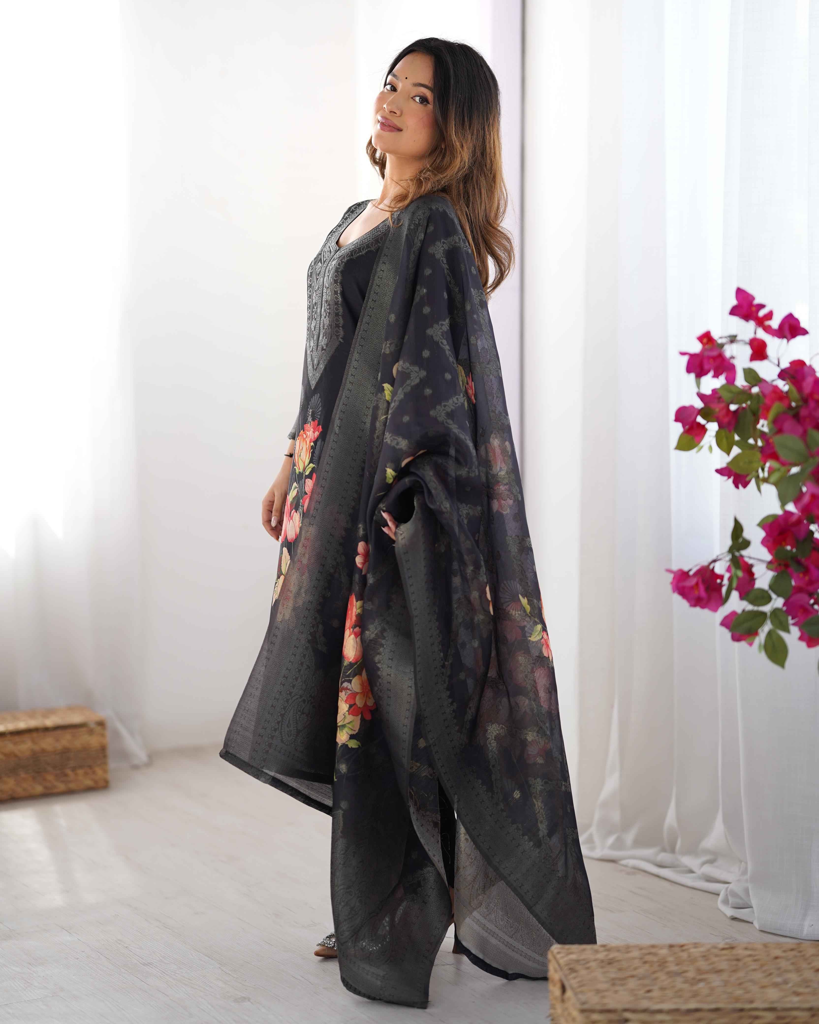 Wedding Wear Black Color Chanderi Silk Kurti For Girls