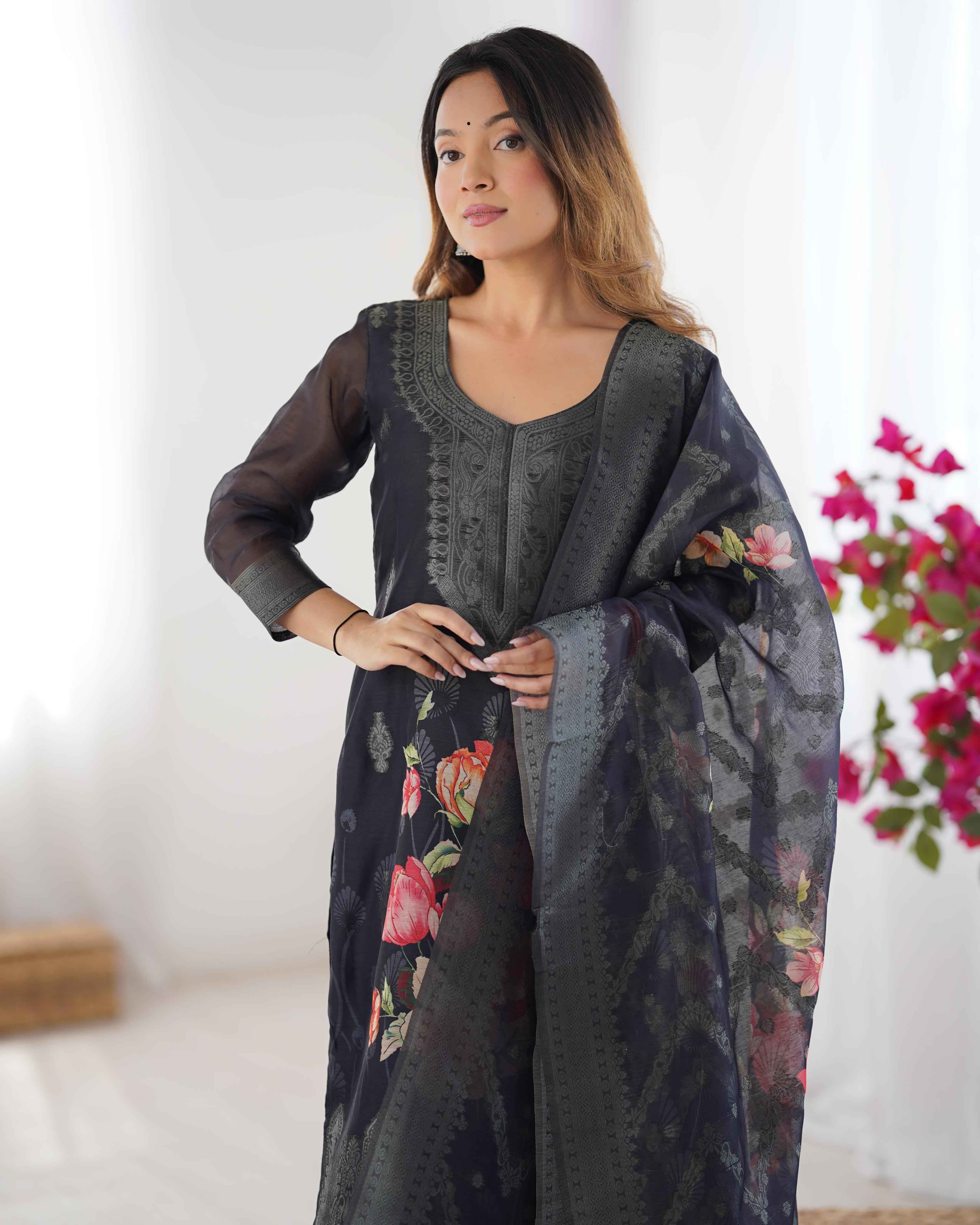 Wedding Wear Black Color Chanderi Silk Kurti For Girls