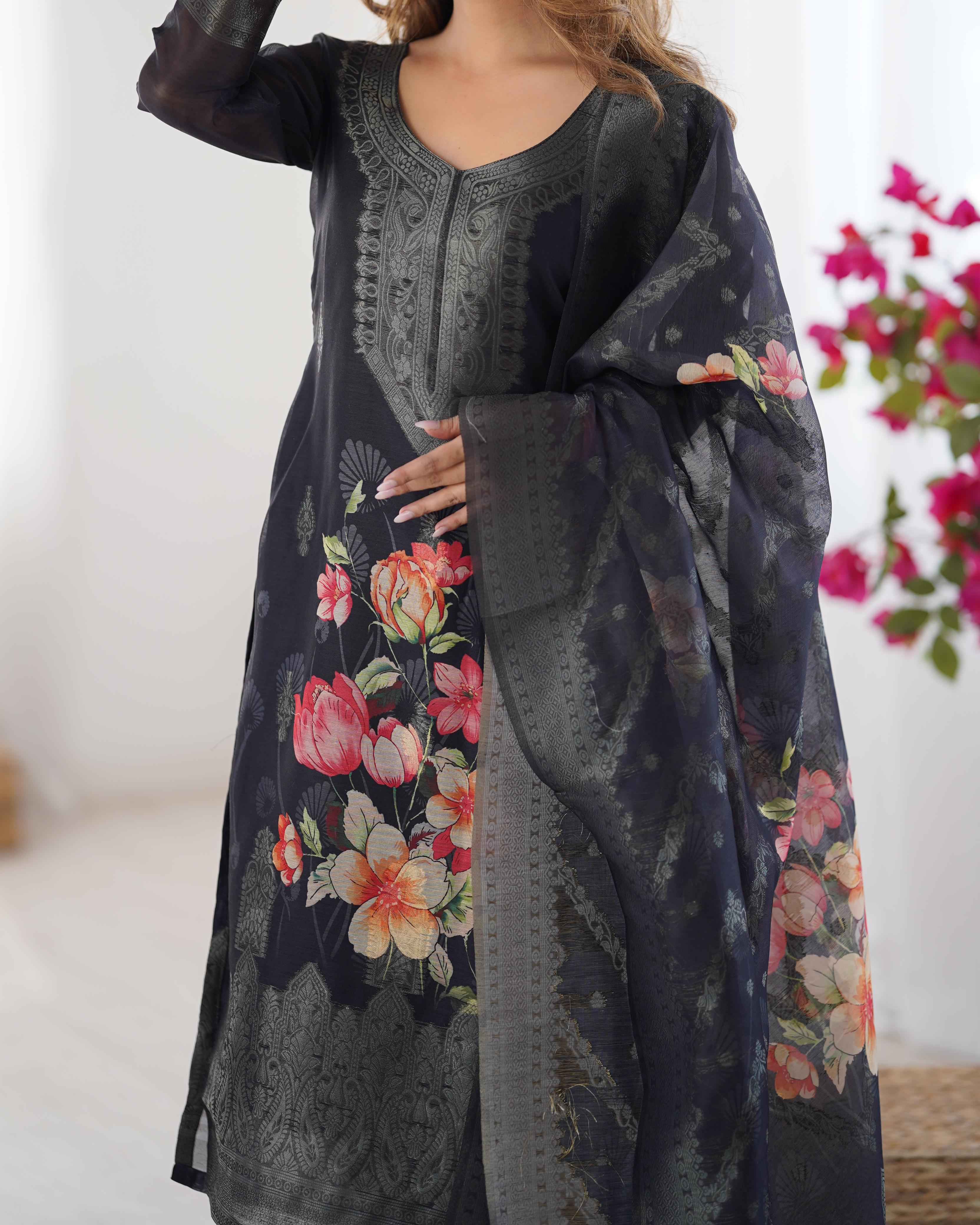 Wedding Wear Black Color Chanderi Silk Kurti For Girls