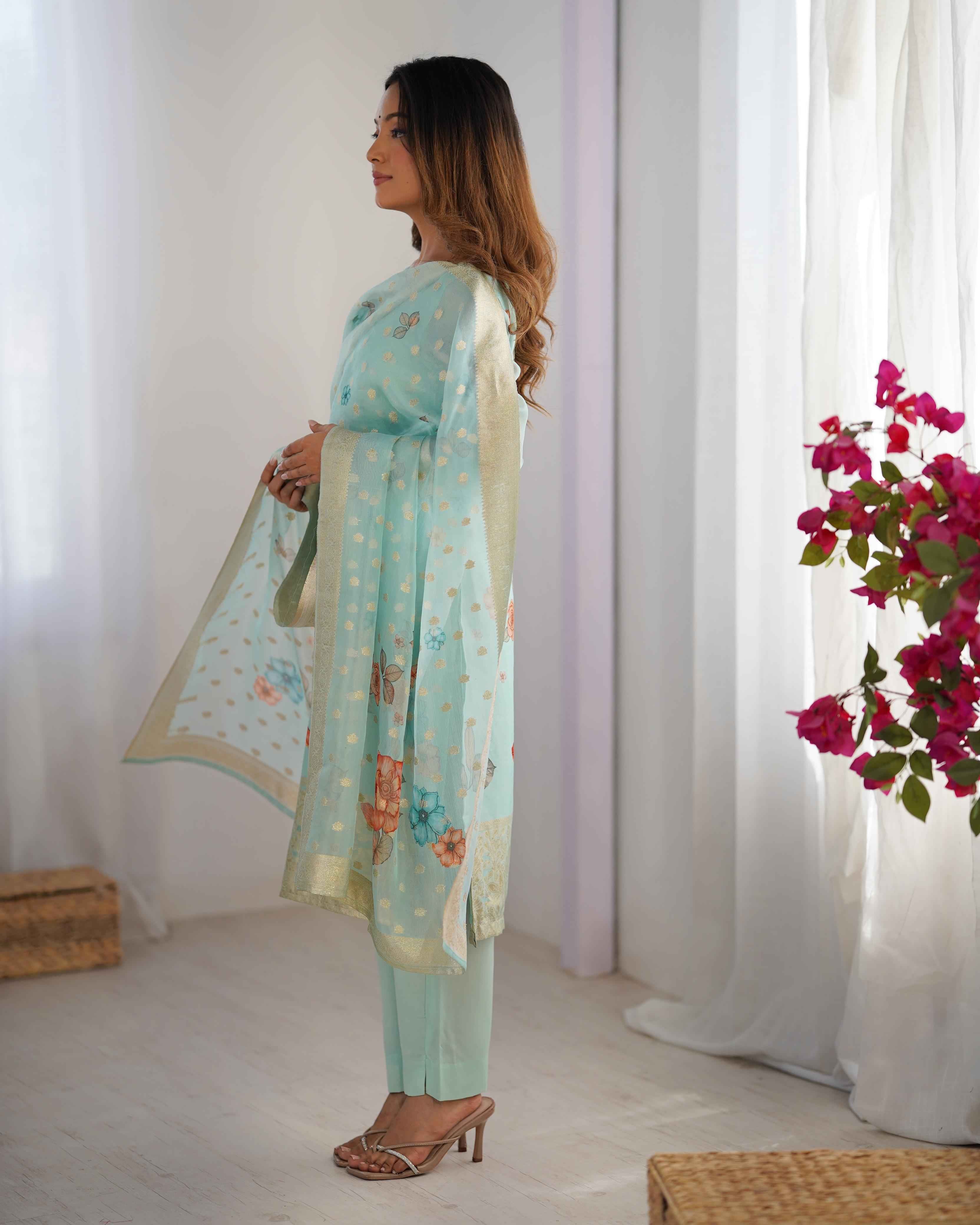 Party Wear Sky Blue Color Chanderi Silk Kurti  For Girls