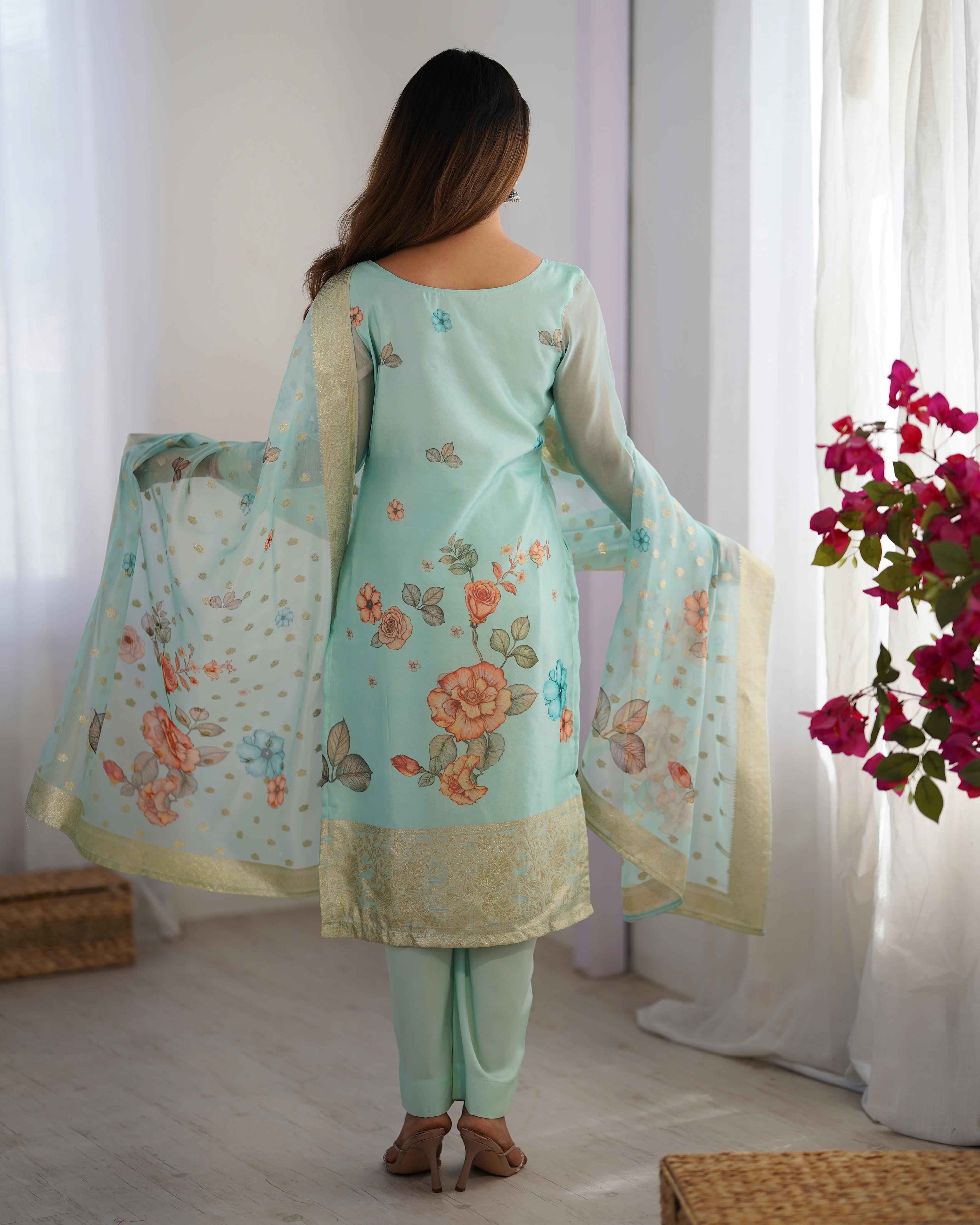 Party Wear Sky Blue Color Chanderi Silk Kurti  For Girls