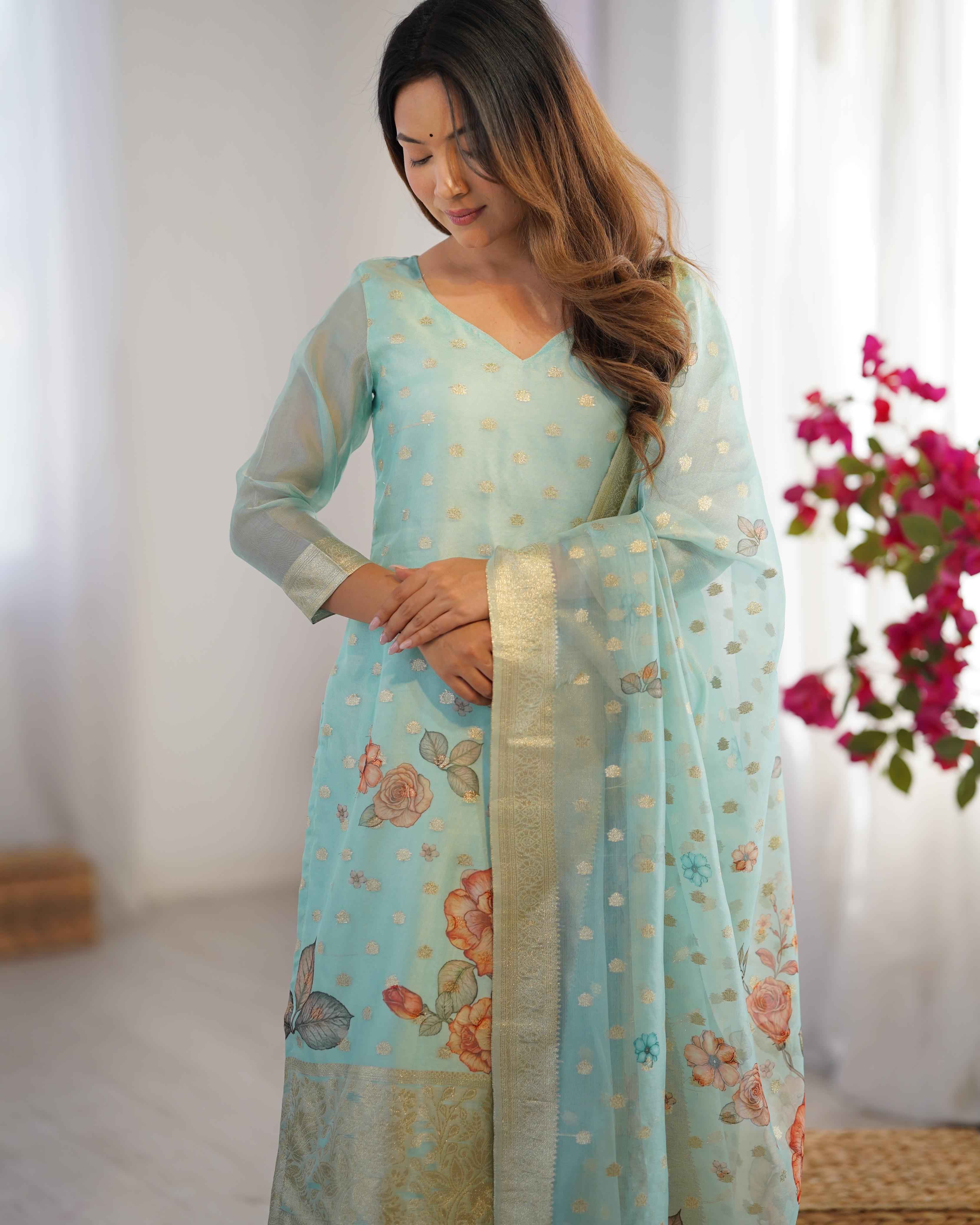 Party Wear Sky Blue Color Chanderi Silk Kurti  For Girls