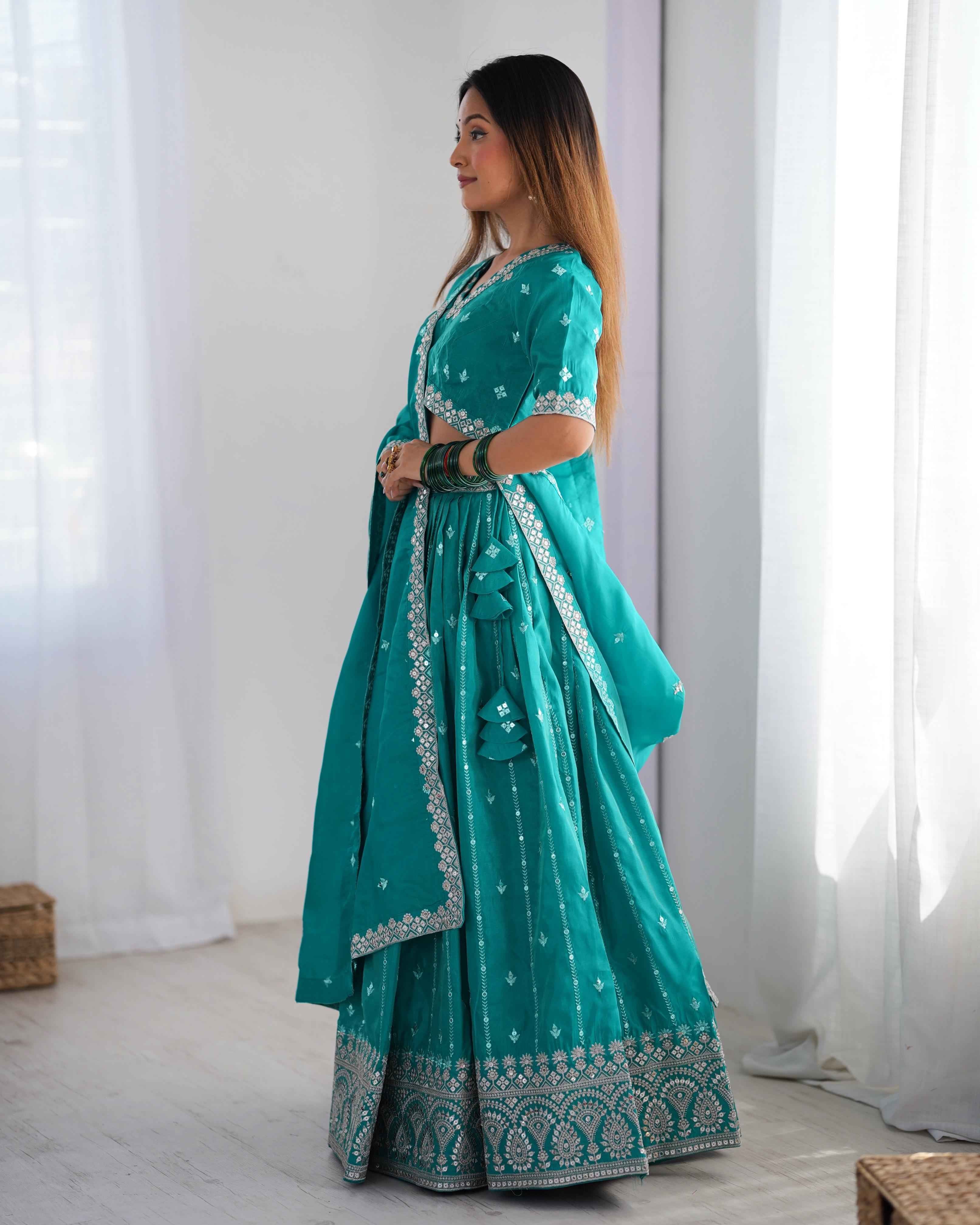 Wedding Wear Sky Blue Color Shimmer Silk Lehenga For Girls