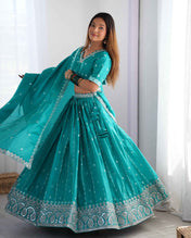 Wedding Wear Sky Blue Color Shimmer Silk Lehenga For Girls