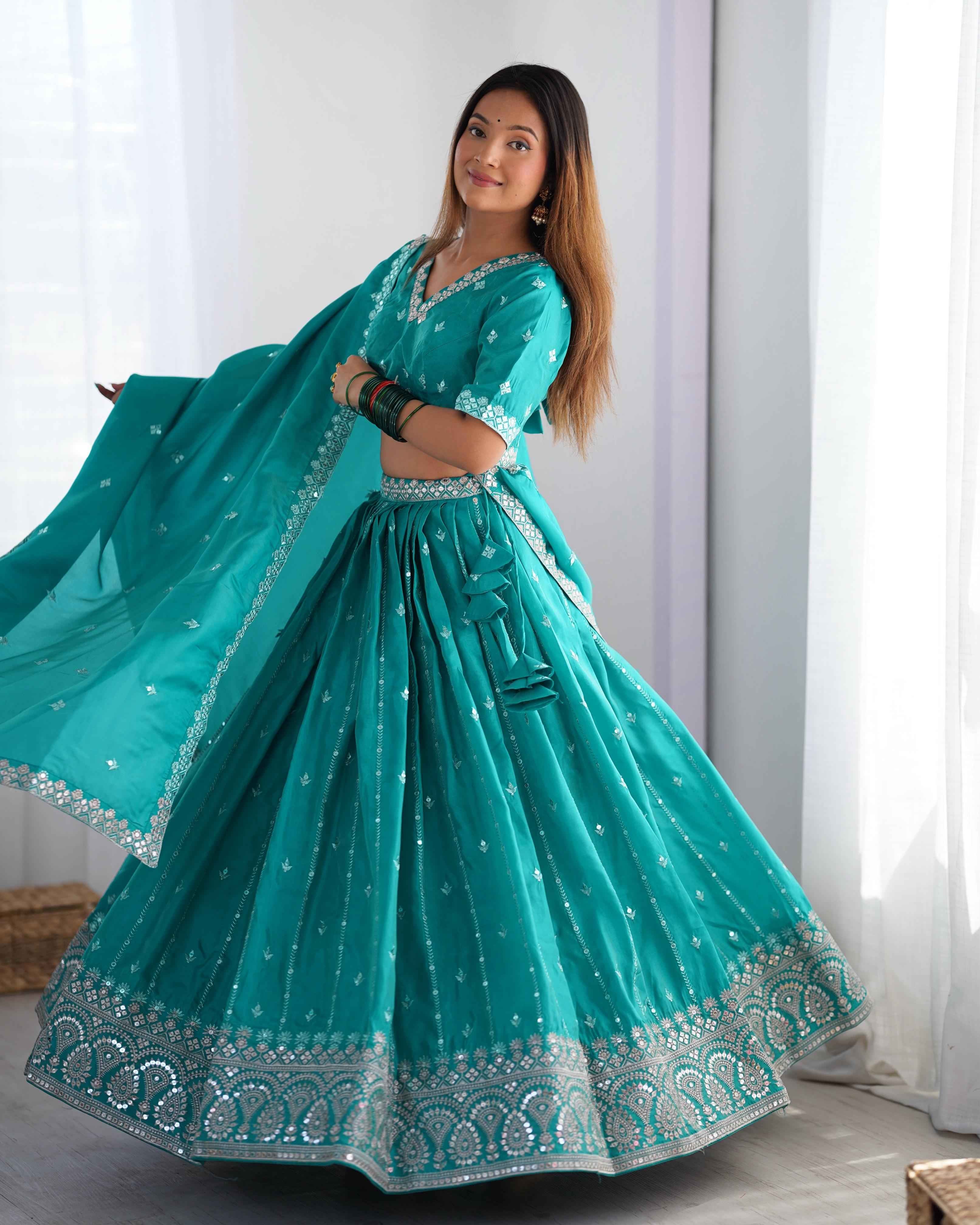 Wedding Wear Sky Blue Color Shimmer Silk Lehenga For Girls