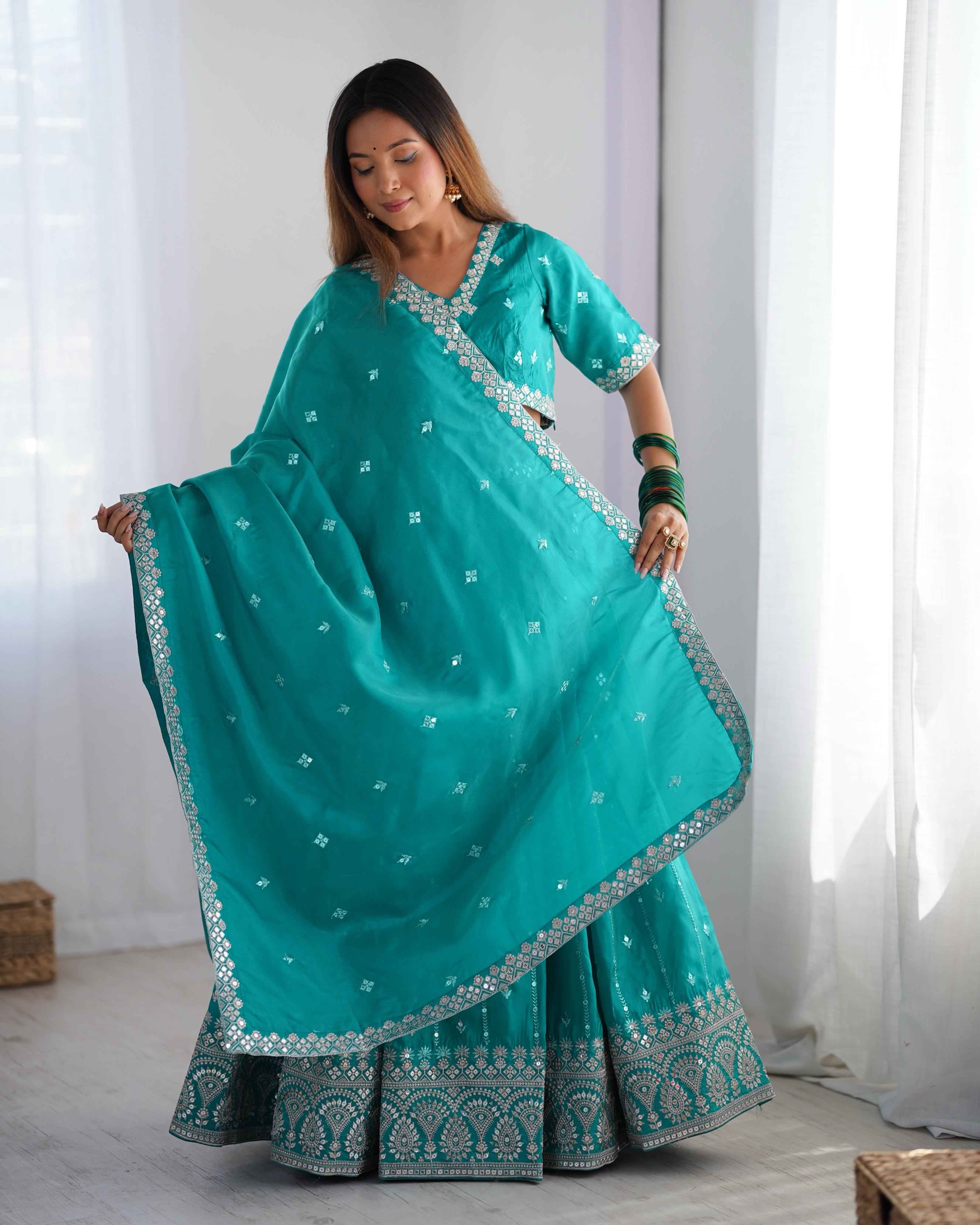 Wedding Wear Sky Blue Color Shimmer Silk Lehenga For Girls