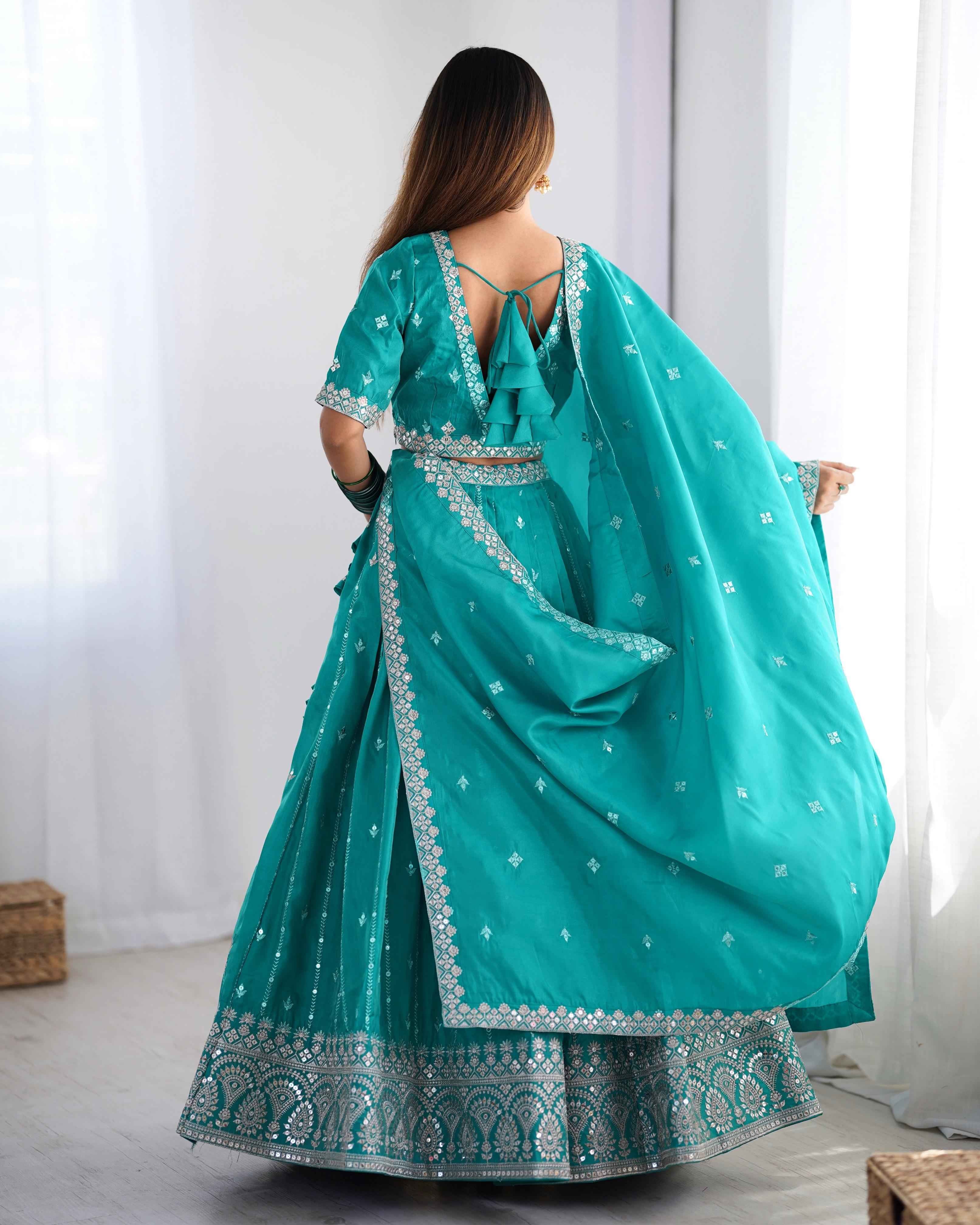 Wedding Wear Sky Blue Color Shimmer Silk Lehenga For Girls