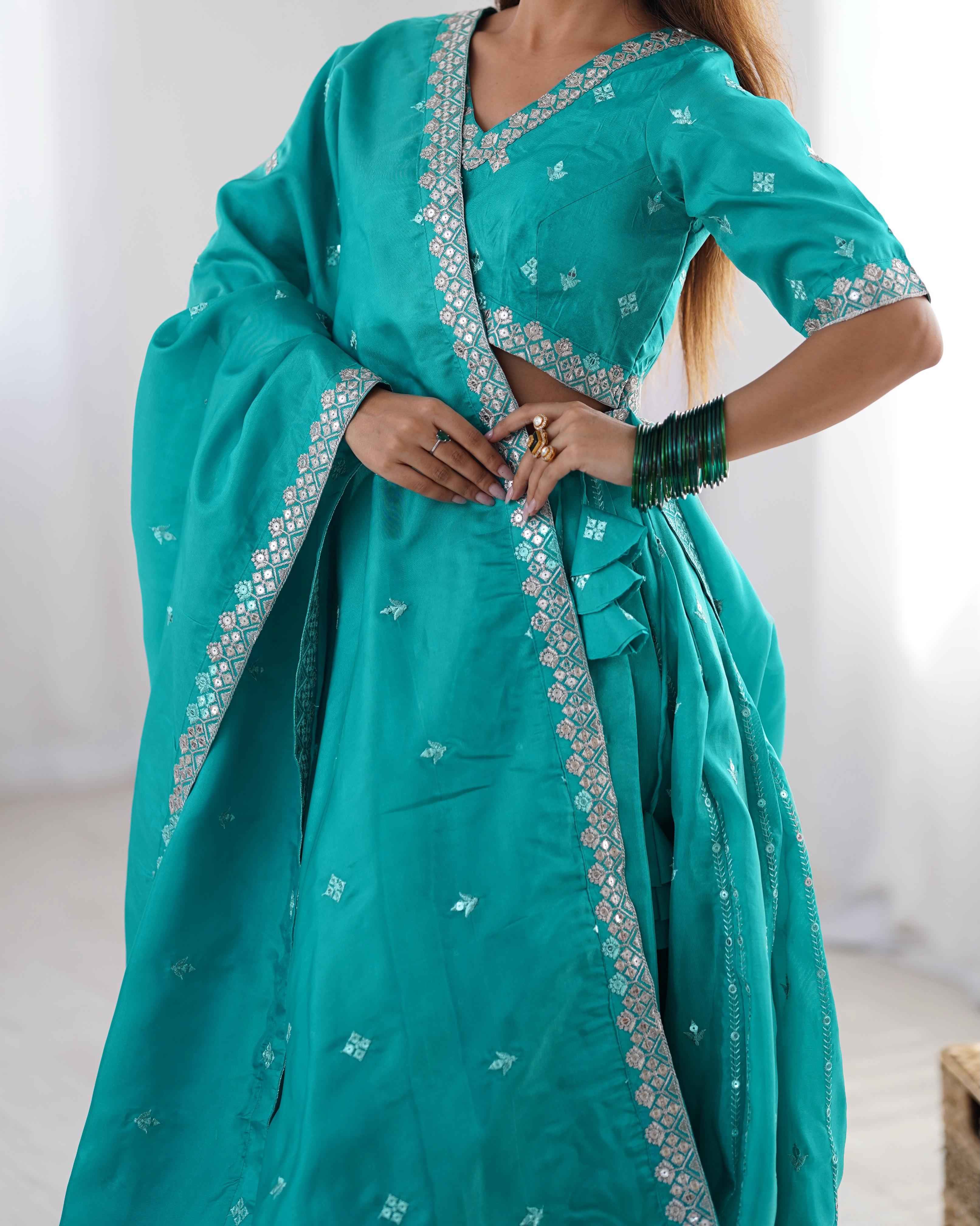 Wedding Wear Sky Blue Color Shimmer Silk Lehenga For Girls