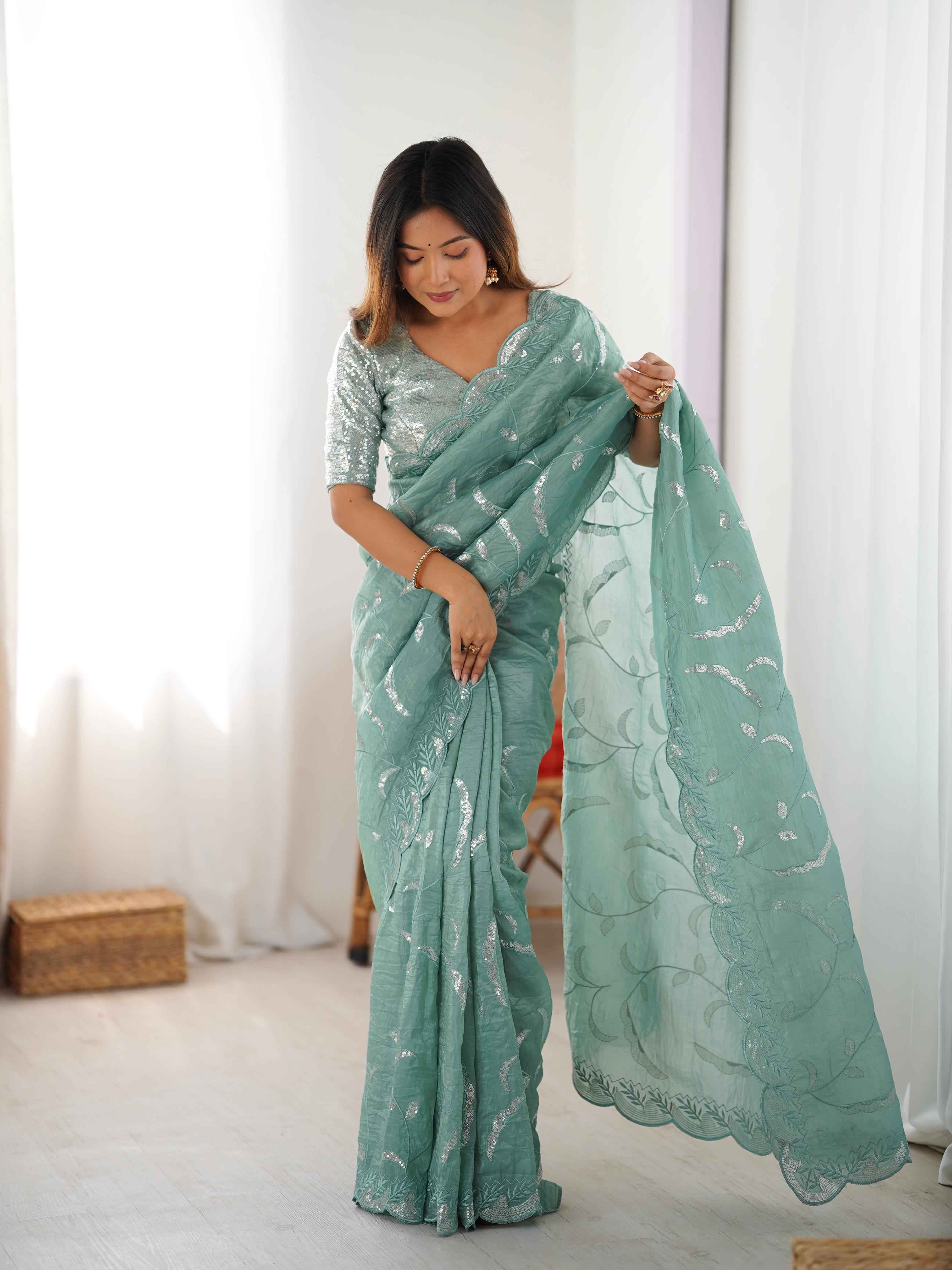 Wedding Wear Sky Blue Color Natural Crep Silk Saree For Women