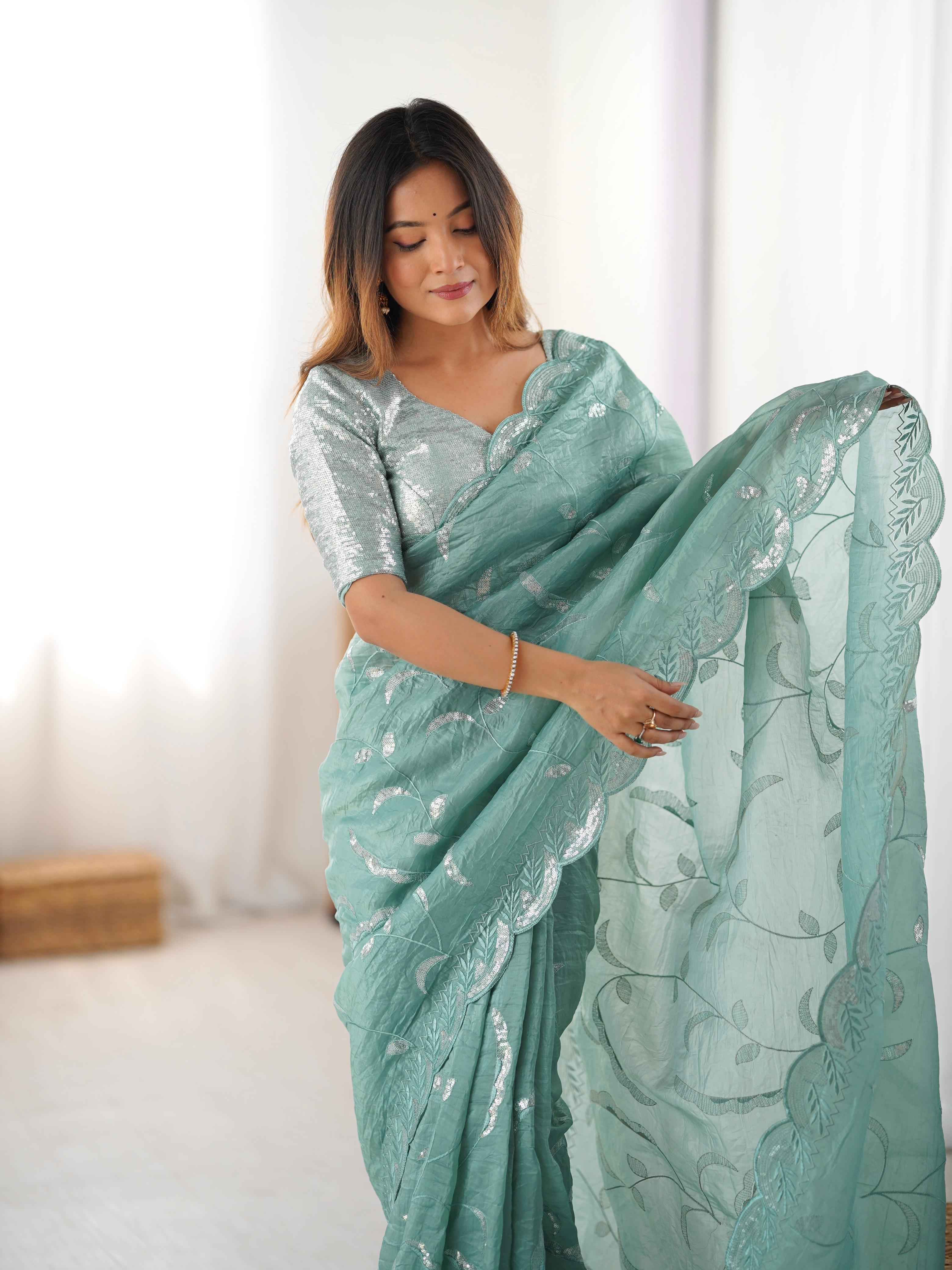 Wedding Wear Sky Blue Color Natural Crep Silk Saree For Women