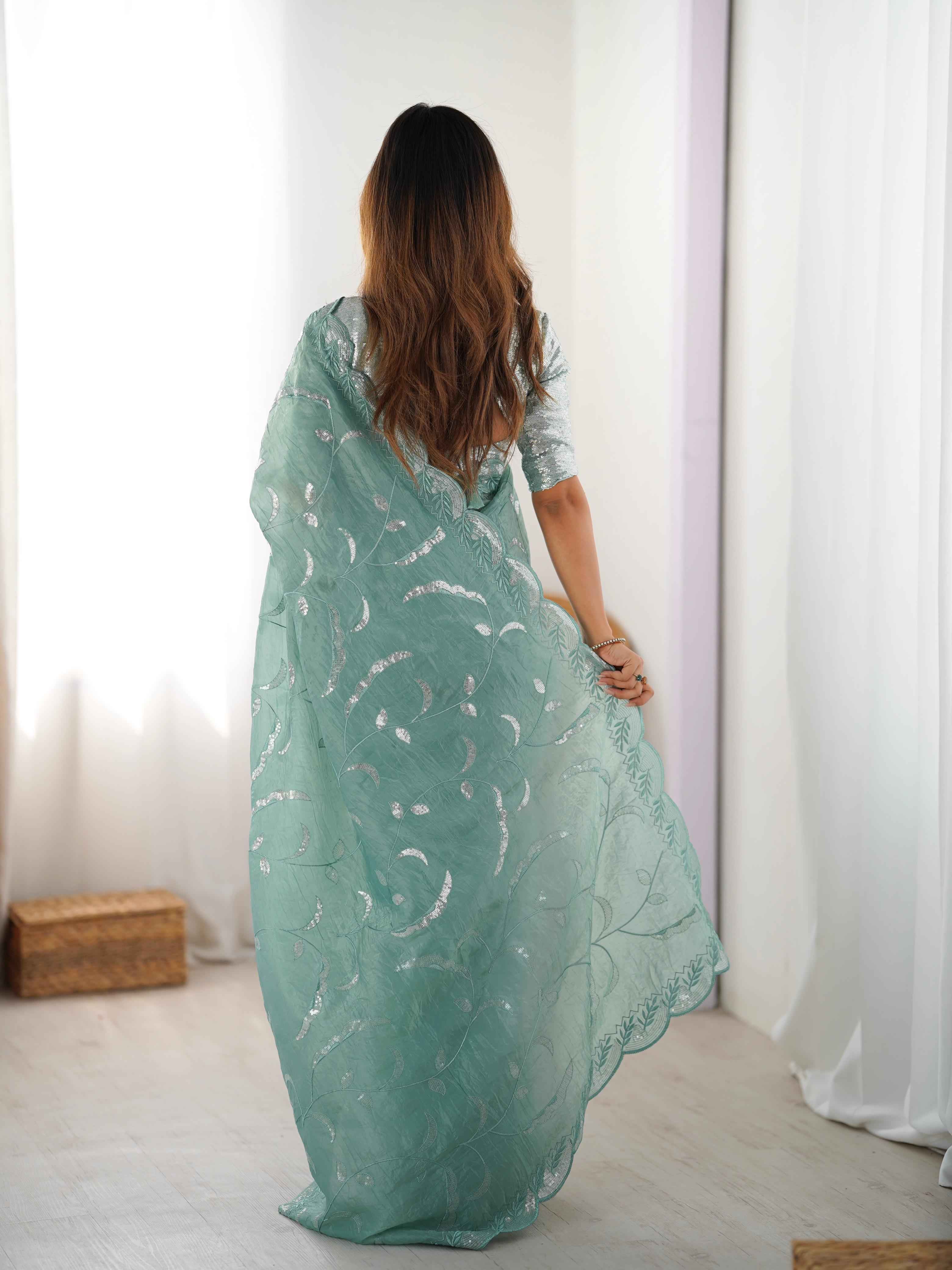 Wedding Wear Sky Blue Color Natural Crep Silk Saree For Women