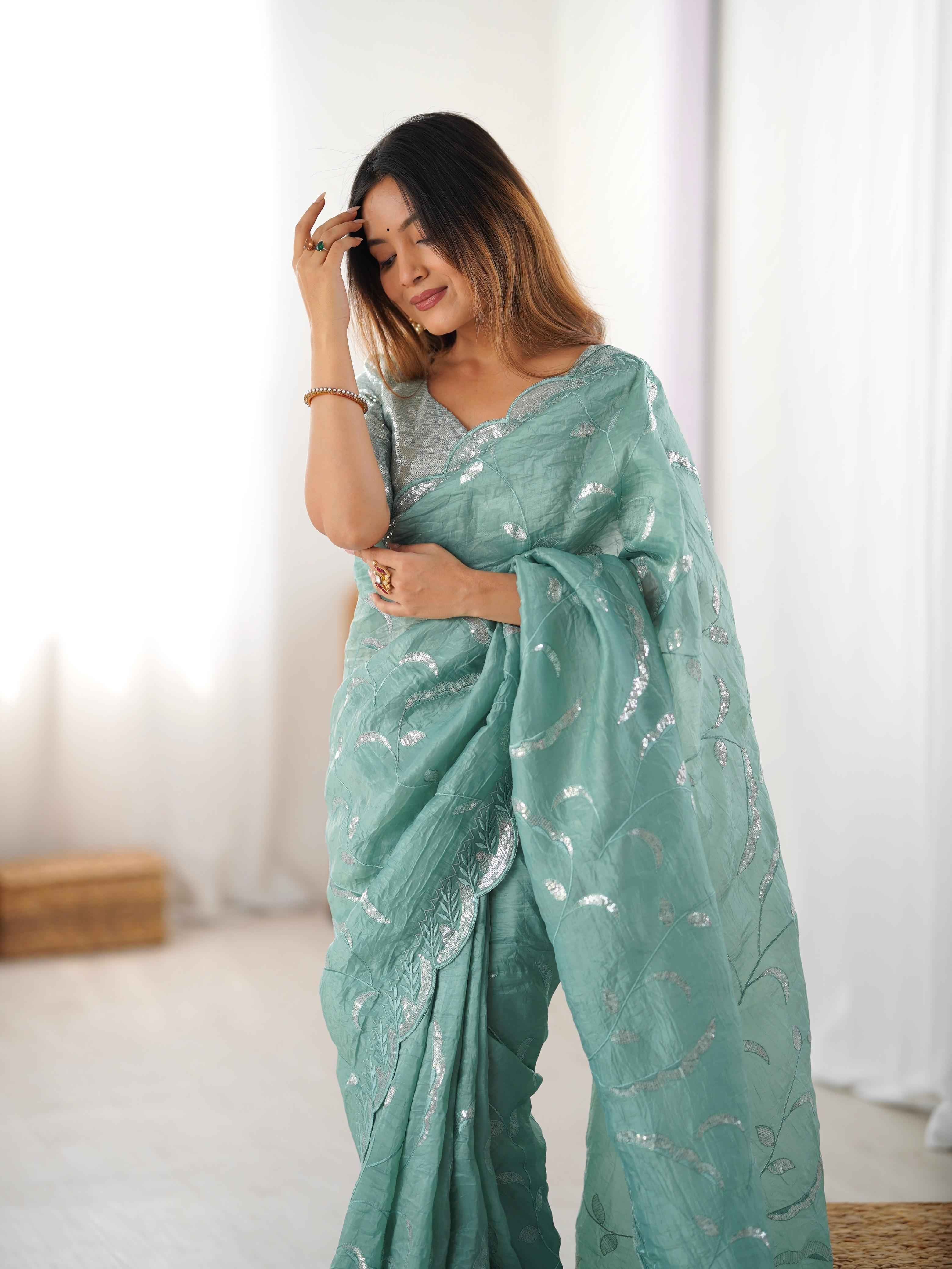 Wedding Wear Sky Blue Color Natural Crep Silk Saree For Women