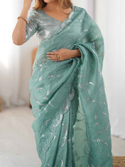 Wedding Wear Sky Blue Color Natural Crep Silk Saree For Women