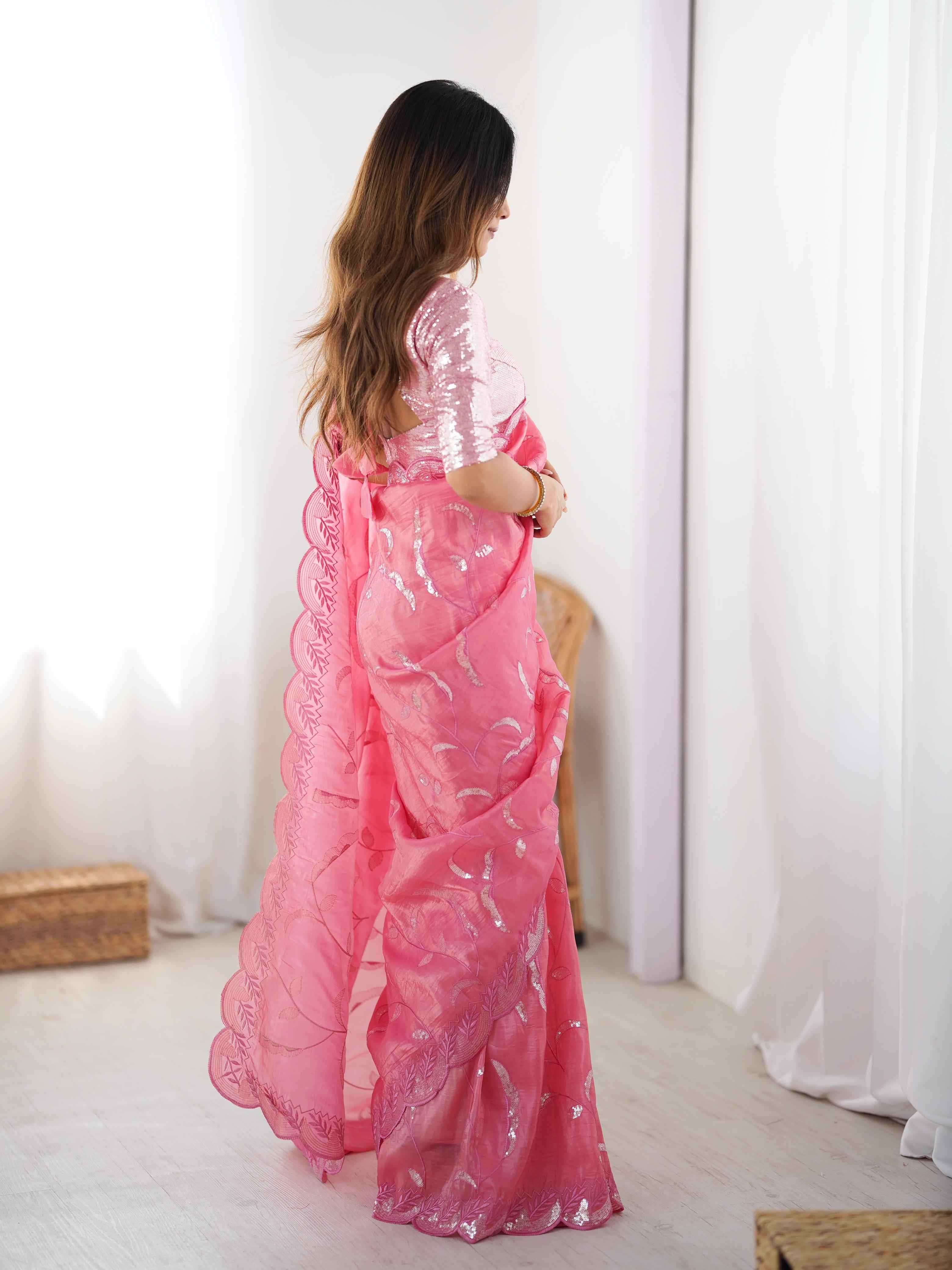 Wedding Wear Pink Color Natural Crep Silk Saree For Women