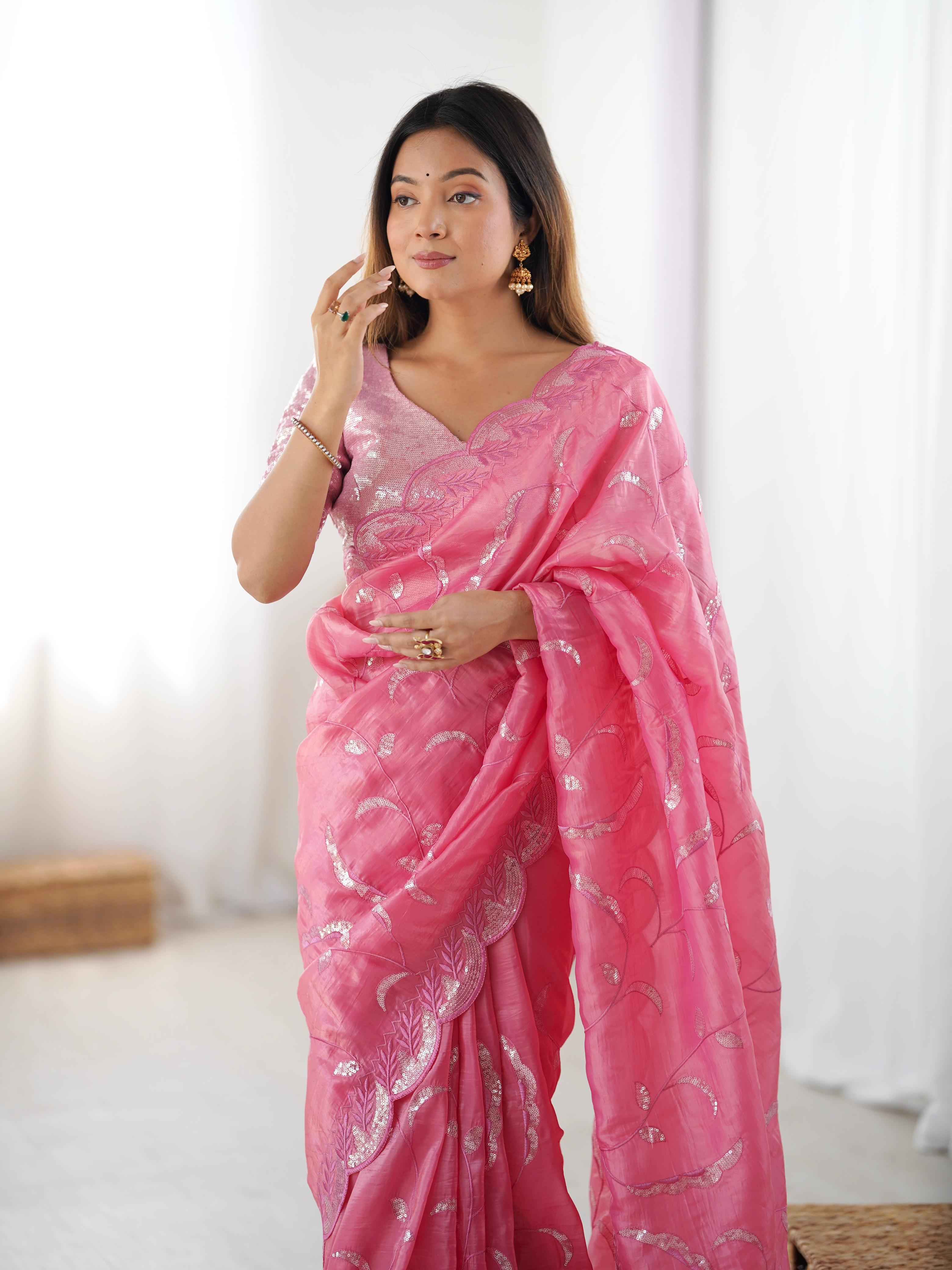 Wedding Wear Pink Color Natural Crep Silk Saree For Women
