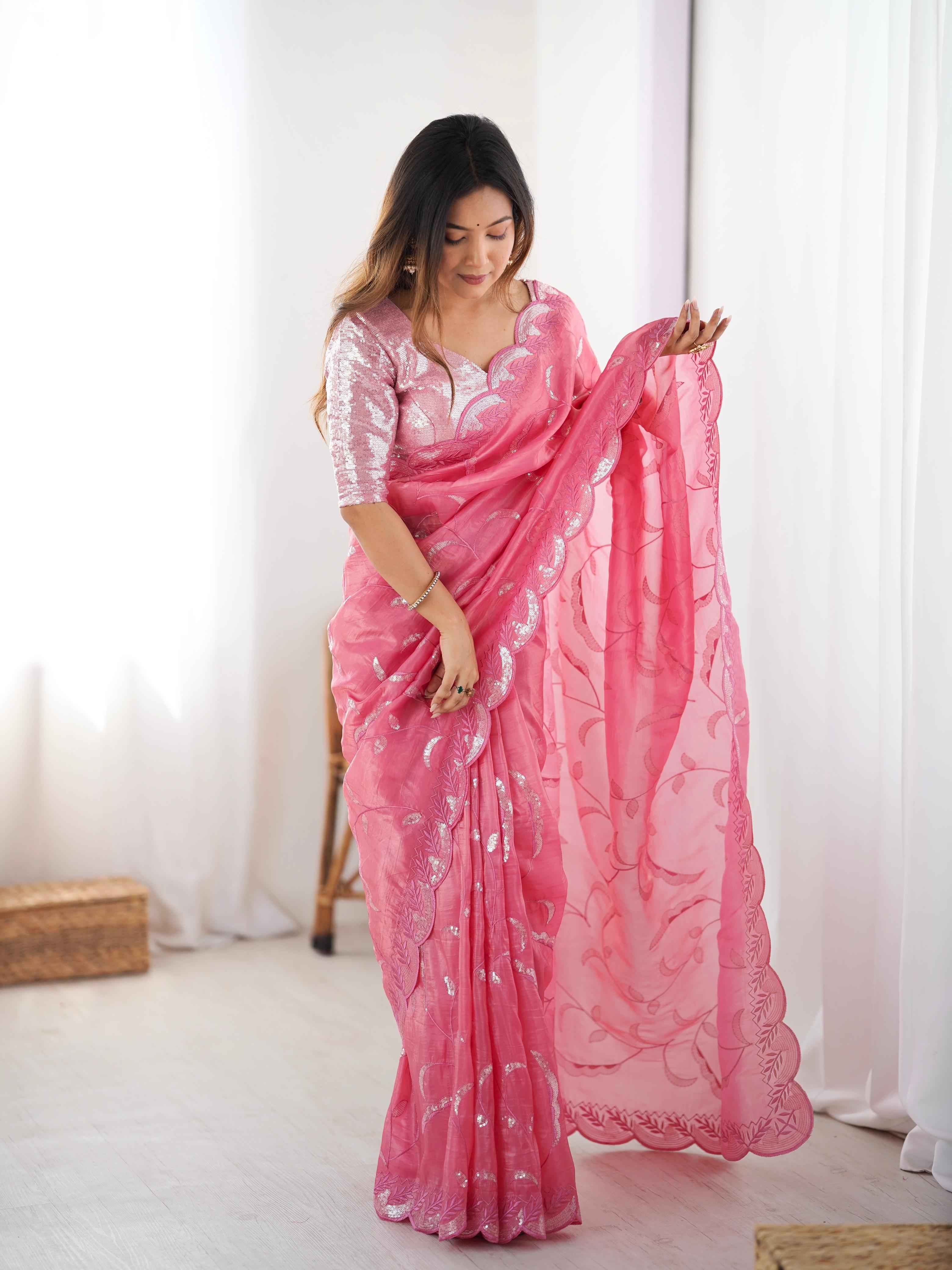 Wedding Wear Pink Color Natural Crep Silk Saree For Women