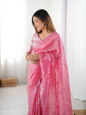 Wedding Wear Pink Color Natural Crep Silk Saree For Women