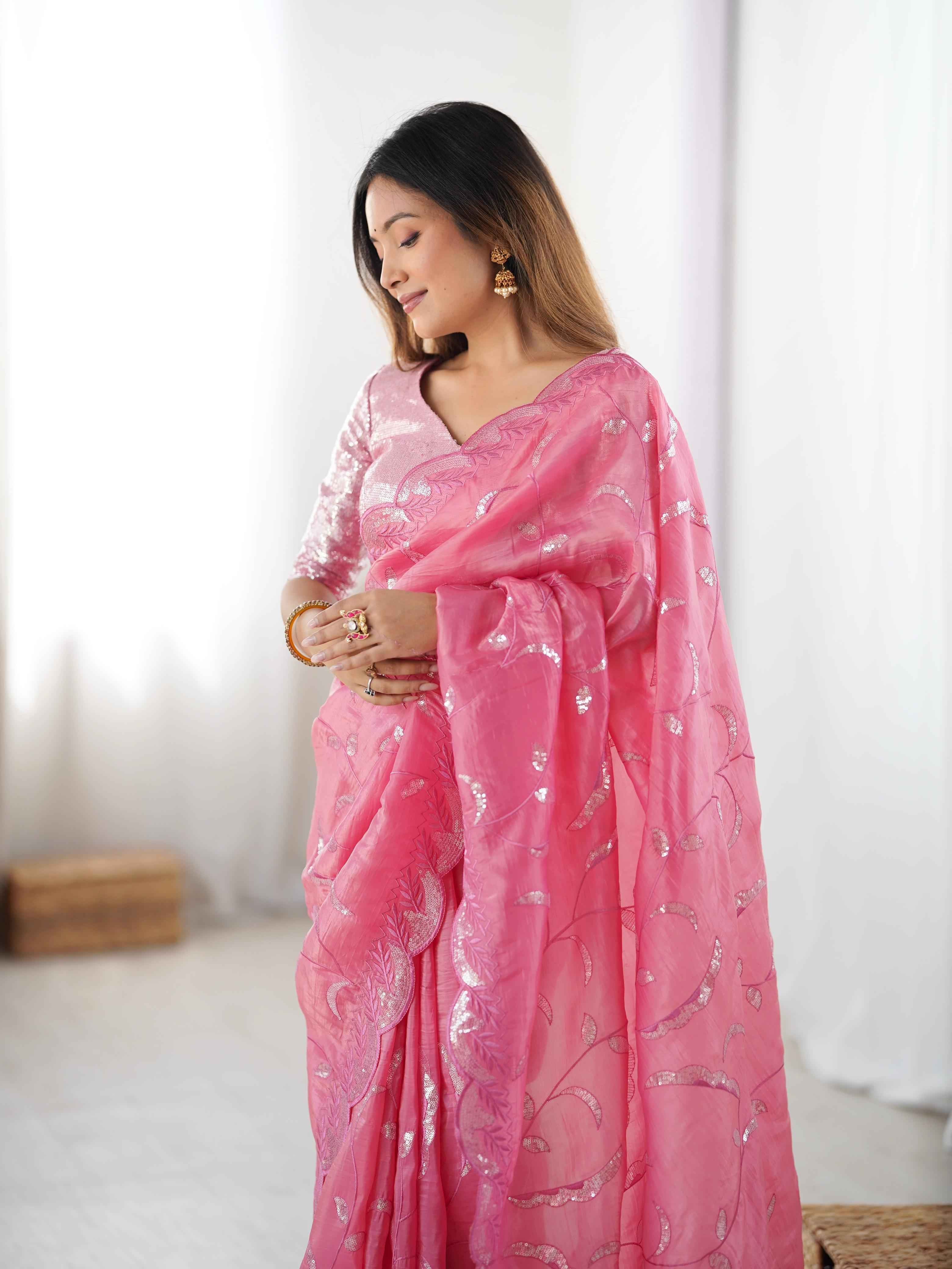 Wedding Wear Pink Color Natural Crep Silk Saree For Women