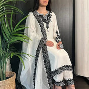 White & Black Embroidered Georgette Kurta Set with Dupatta