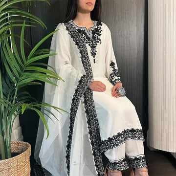White & Black Embroidered Georgette Kurta Set with Dupatta