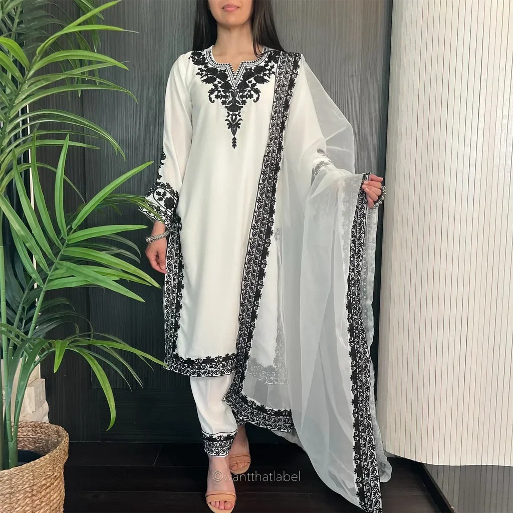 White & Black Embroidered Georgette Kurta Set with Dupatta