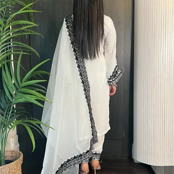 White & Black Embroidered Georgette Kurta Set with Dupatta