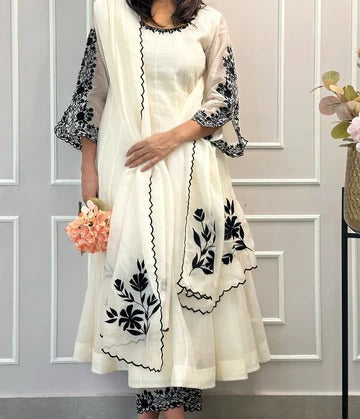 White & Black Embroidered Anarkali Suit with Organza Dupatta