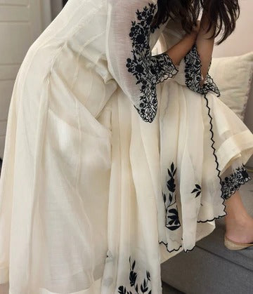 White & Black Embroidered Anarkali Suit with Organza Dupatta