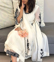 White & Black Embroidered Anarkali Suit with Organza Dupatta