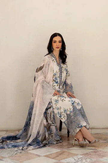 Elegant White & Blue Floral Printed Suit Set with Embroidered Detailing & Digital Dupatta
