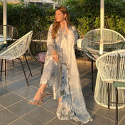 Elegant White & Blue Floral Printed Suit Set with Embroidered Detailing & Digital Dupatta