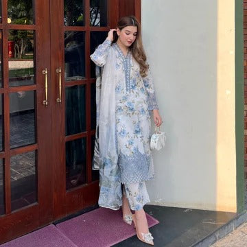 Elegant White & Blue Floral Printed Suit Set with Embroidered Detailing & Digital Dupatta