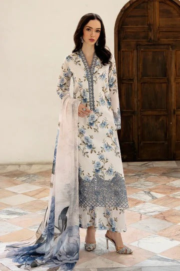 Elegant White & Blue Floral Printed Suit Set with Embroidered Detailing & Digital Dupatta