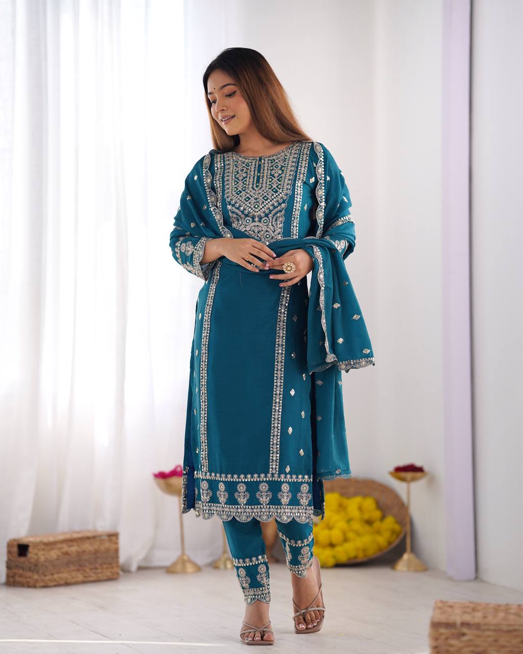 Wedding Wear Blue Color Chinon Silk Kurti For Girls