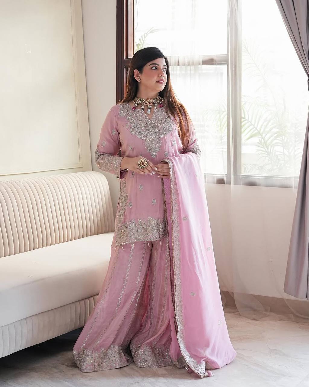 Wedding Wear Pink Color Heavy Chinon Silk Sharara For Girls