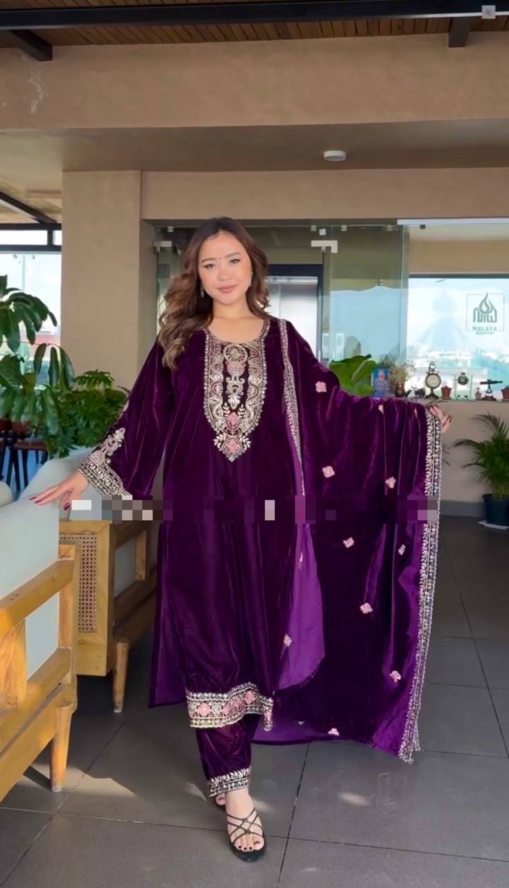 Wedding Wear Purple Color Heavy Viscose Velvet Kurti For Girls