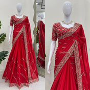 Wedding Wear Red Color Chinon Silk Saree For Women