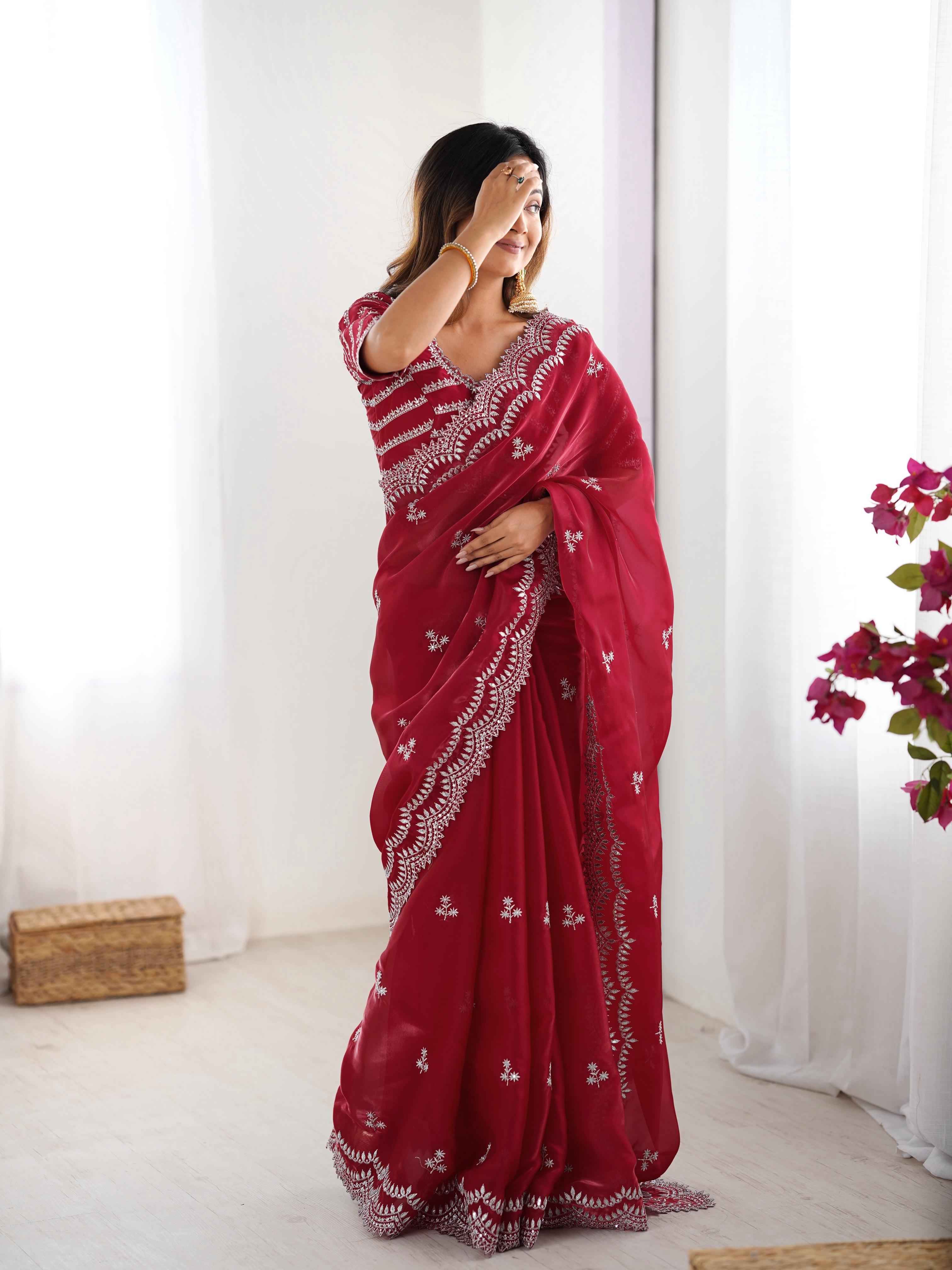 Wedding Wear Red Color Jimmy Chu Saree For Girls