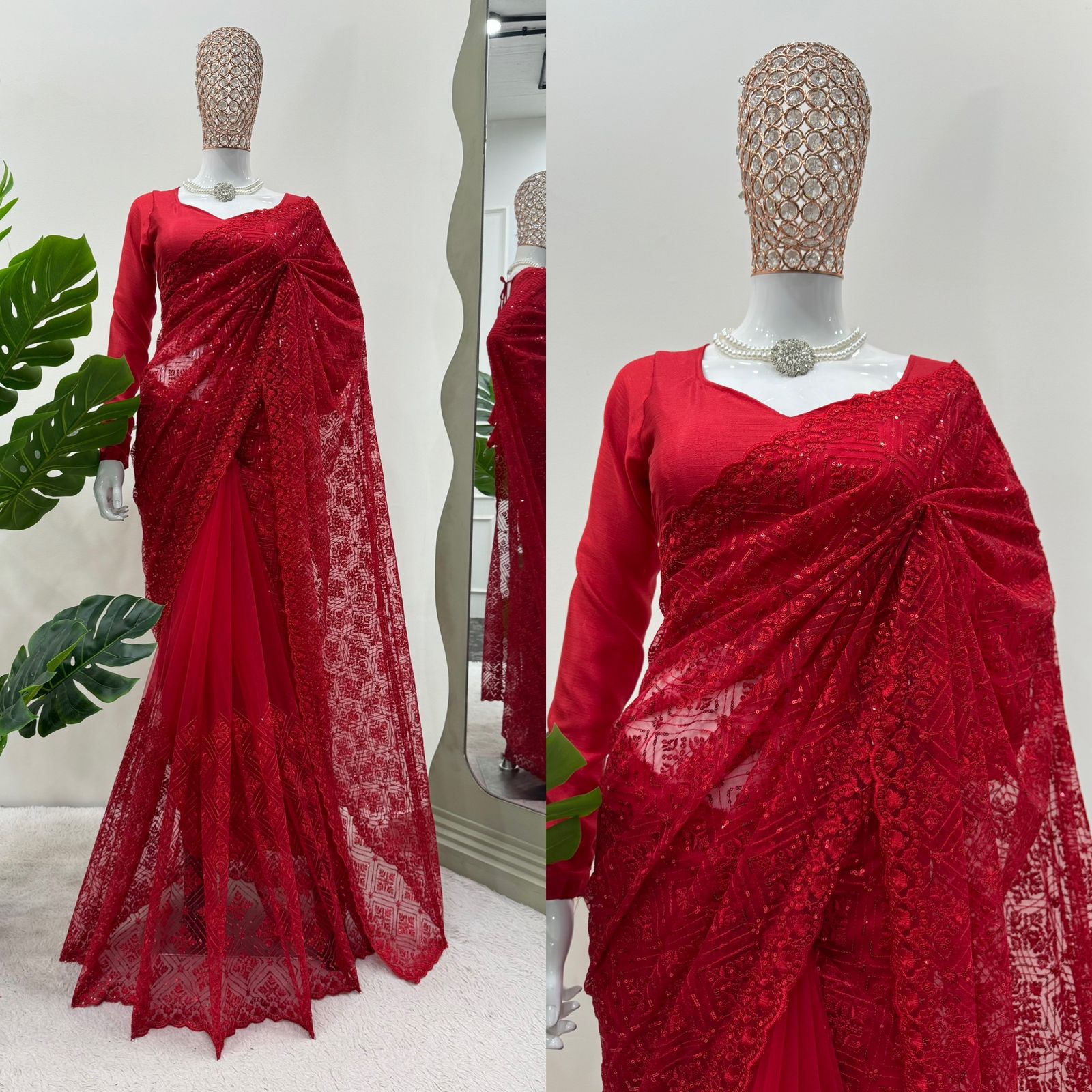Wedding Wear Red Color Soft Net Saree For Girls