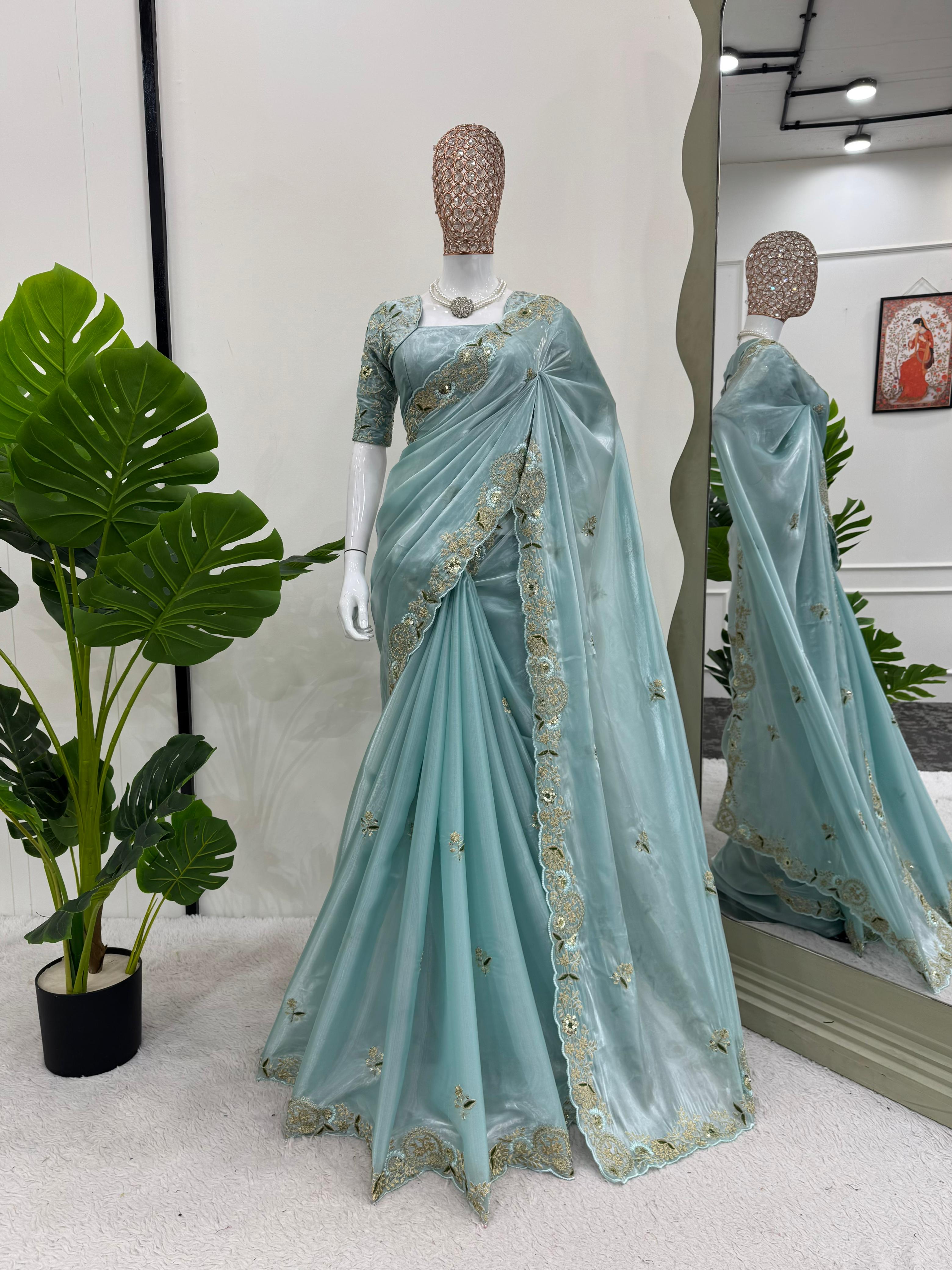 Wedding Wear Sky Blue Color Havy Zimmy Chu Saree For Girls