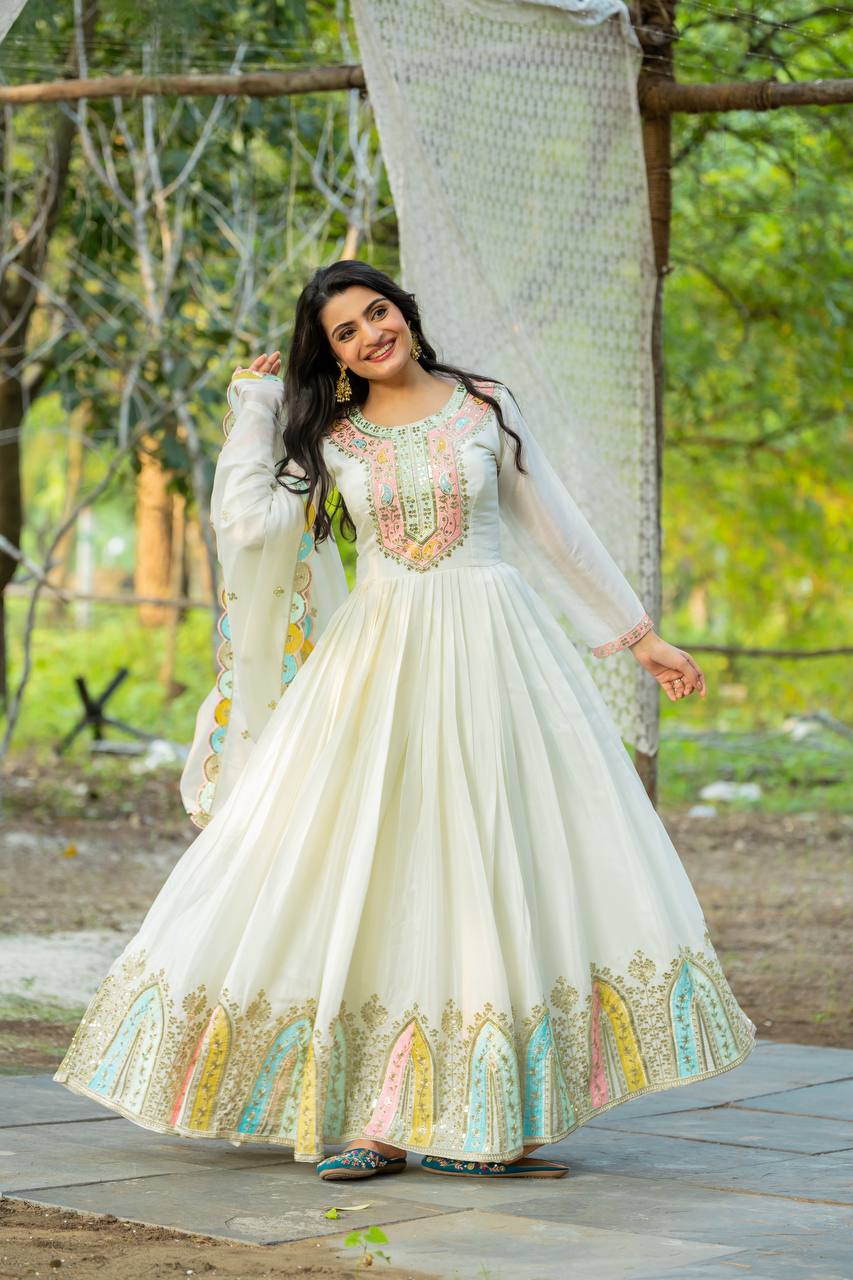 Wedding Wear White Color Chinon Silk Gown For Girls
