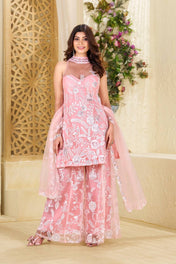 Wedding Wear Baby Pink Color Butterfly Net Sharara For Girls