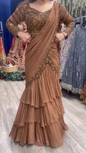 Wedding Wear Beige Color Faux Georgette Saree For Girls